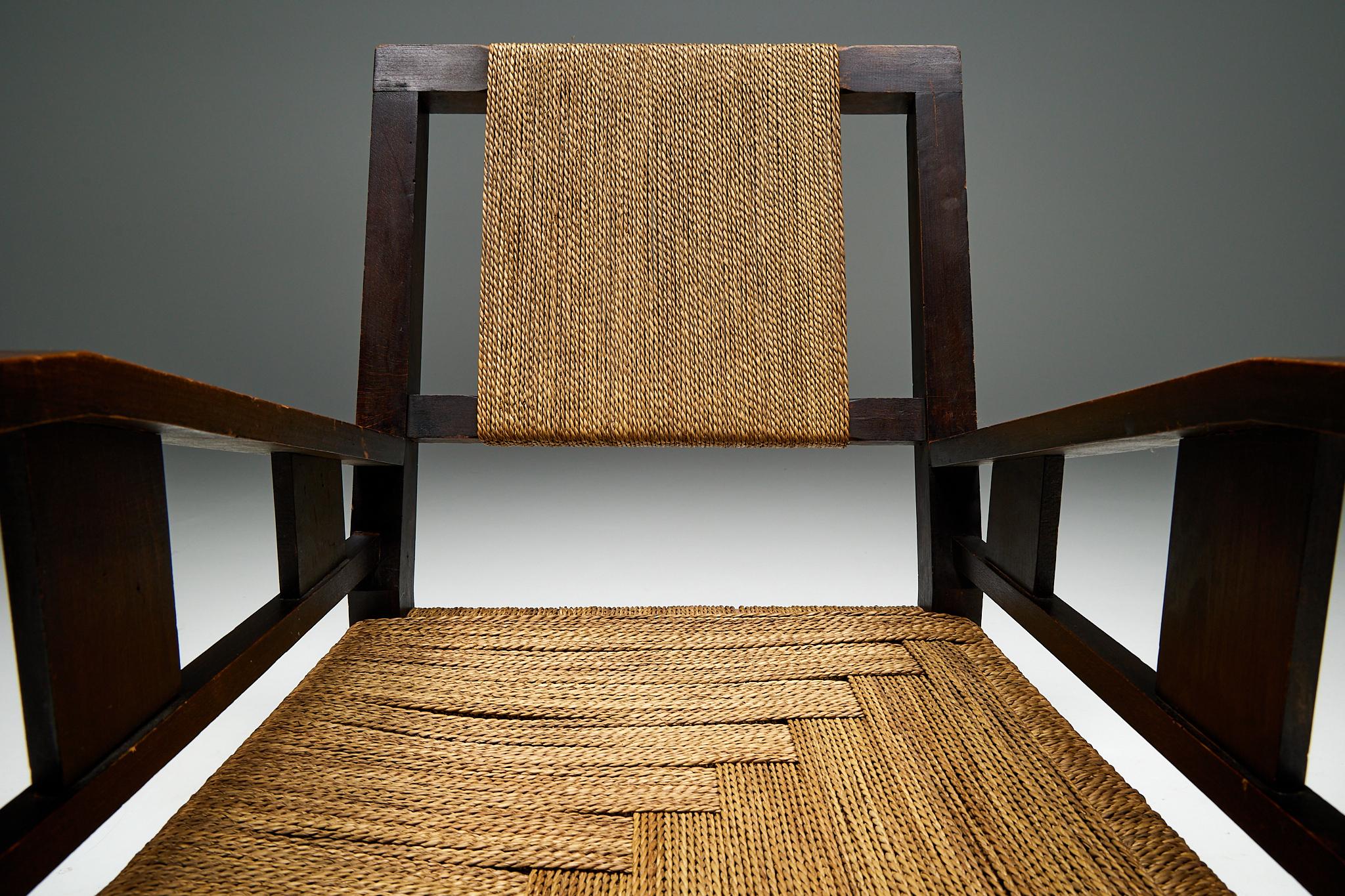 Mid-20th Century Easy Chair in Solid Wood and Rope, France, 1930s For Sale