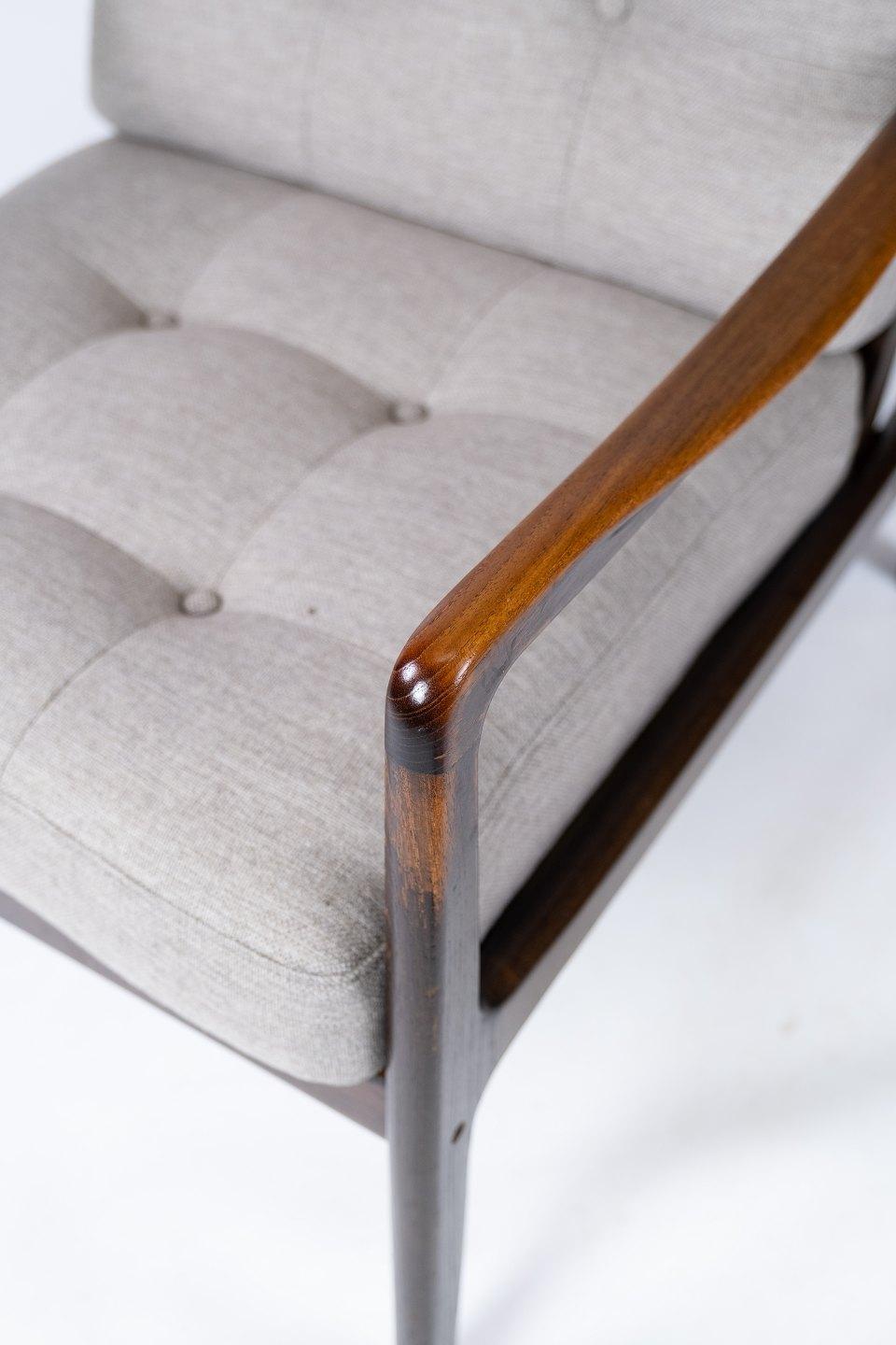 Easy Chair aus Teakholz und neu gepolsterten grauen Wollsitzen von Kai Kristiansen (Skandinavische Moderne) im Angebot