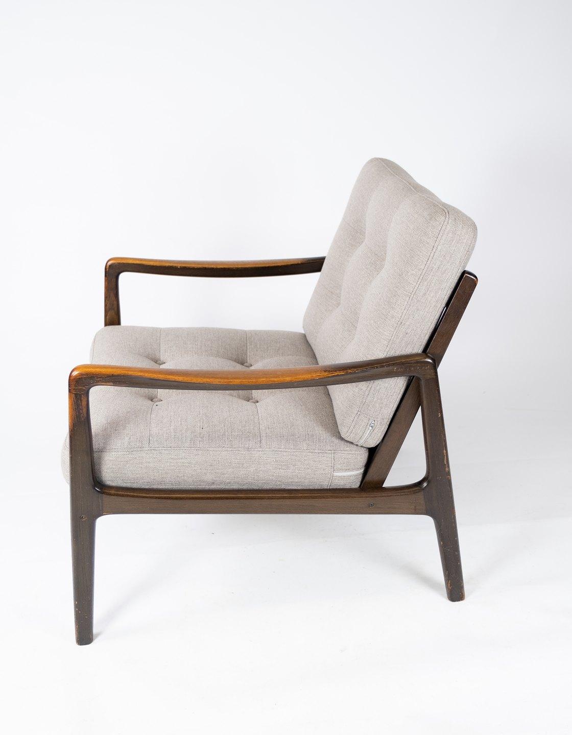 Easy Chair aus Teakholz und neu gepolsterten grauen Wollsitzen von Kai Kristiansen (Dänisch) im Angebot