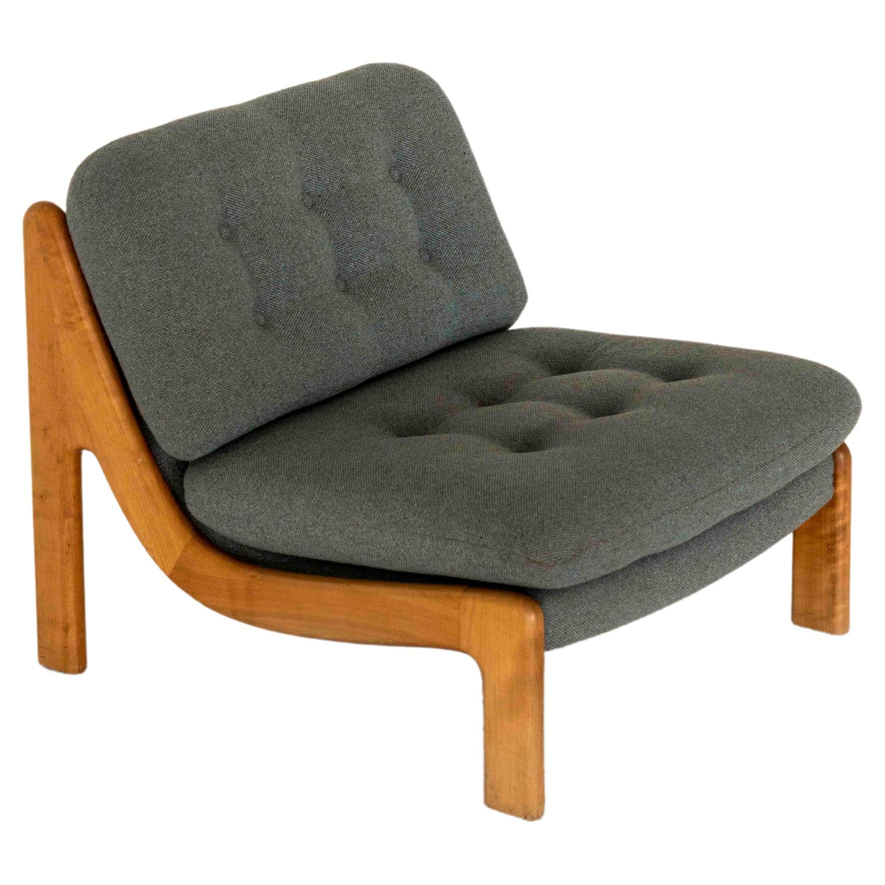 Easy Chair in Wood and Blue Fabric, 1970s For Sale