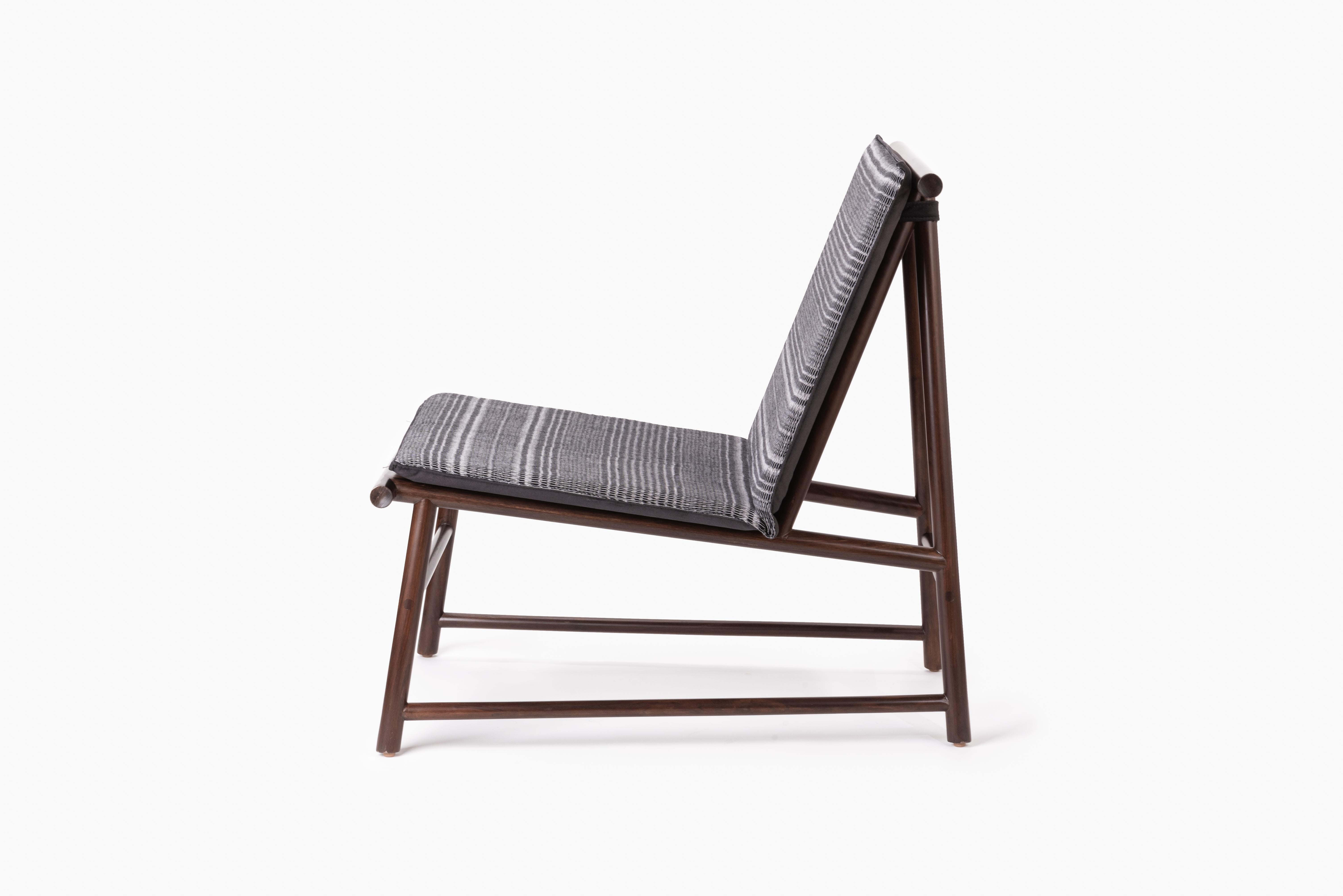 Minimalist Contemporary Easy Chair in Walnut Wood and Handmade Textile For Sale