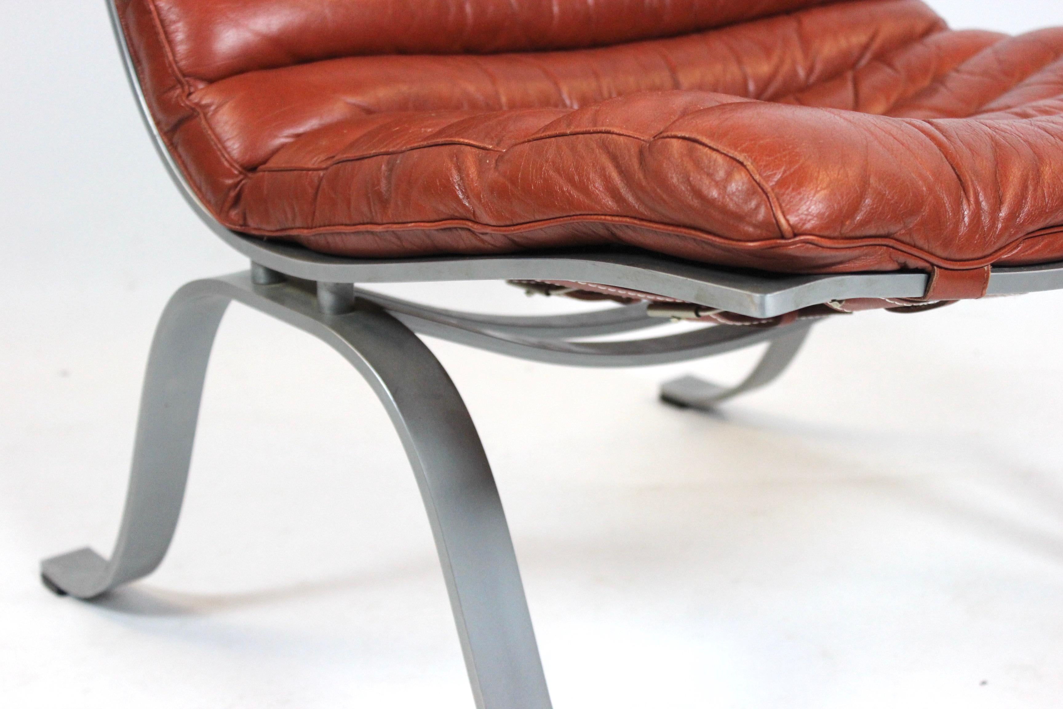 Danish Easy Chair, Model Ariet, of Red Leather and Steel Frame Designed by Arne Norell