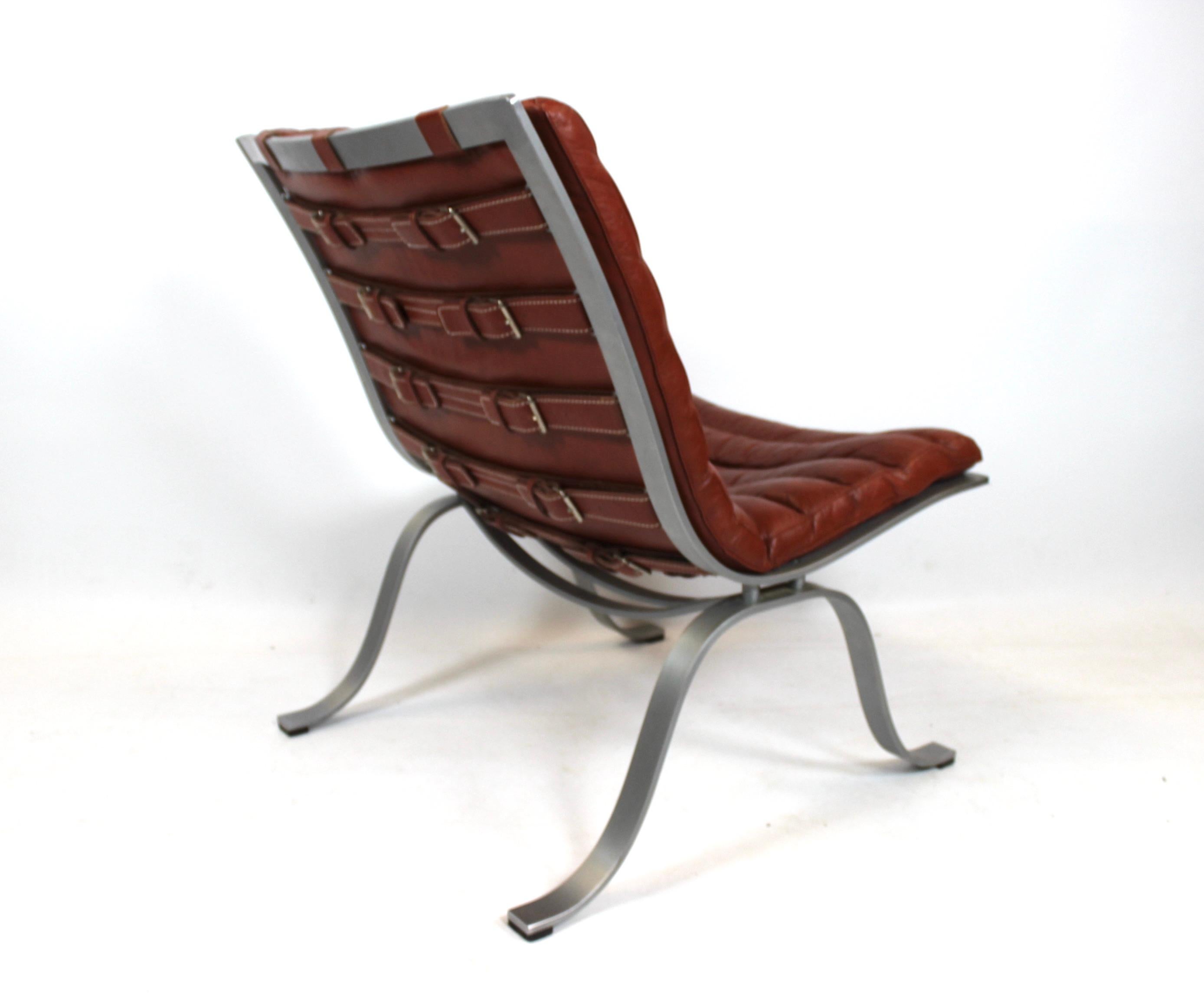Easy Chair, Model Ariet, of Red Leather and Steel Frame Designed by Arne Norell In Good Condition In Lejre, DK