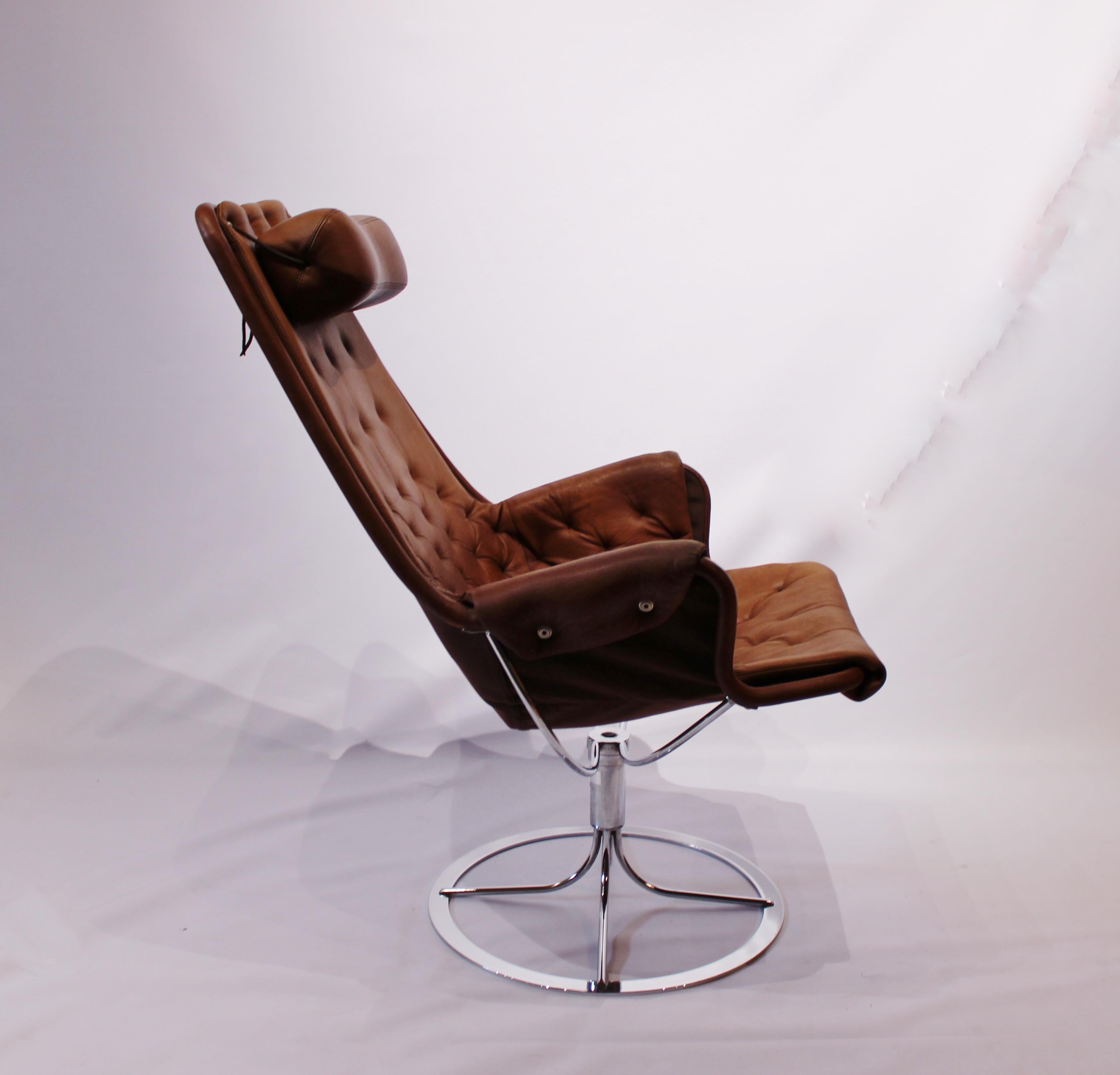 Easy chair, model Jetson 69, originally upholstered in brown patinated leather designed by Bruno Mathsson in 1966 and manufactured by DUX in the 1960s.