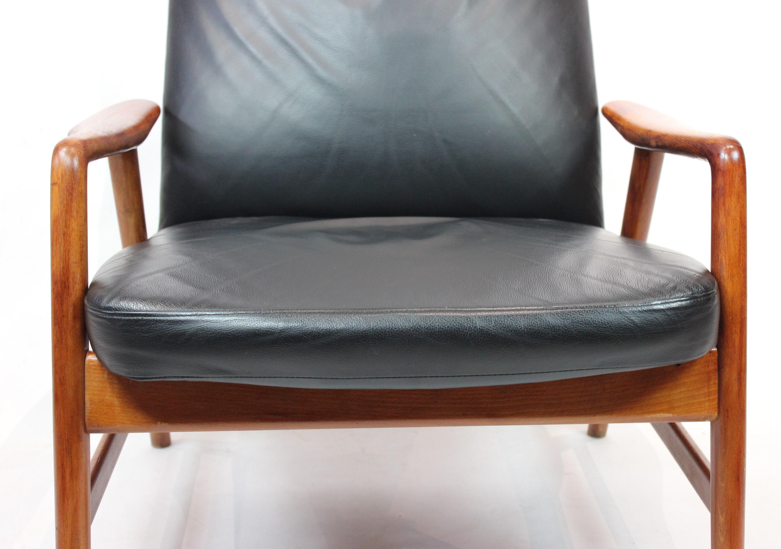 Polished Easy Chair of Black Leather by Alf Svensson and Fritz Hansen, 1960s