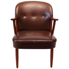 Easy Chair of Dark Brown Patinated Leather and Teak, Danish Design, 1940s