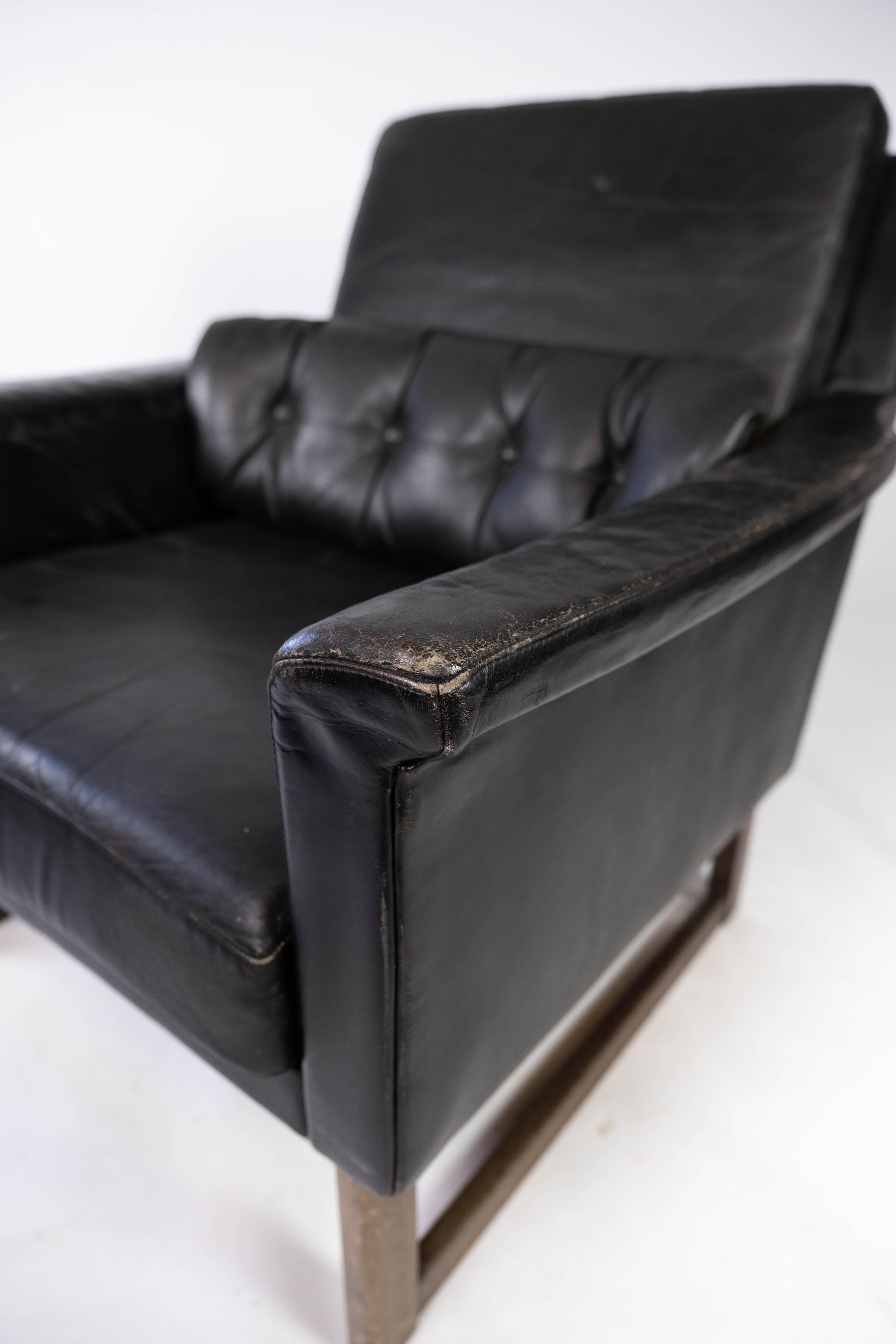 Easy Chair Upholstered with Black Leather and Legs in Wood, by Illum Wikkelsø 1