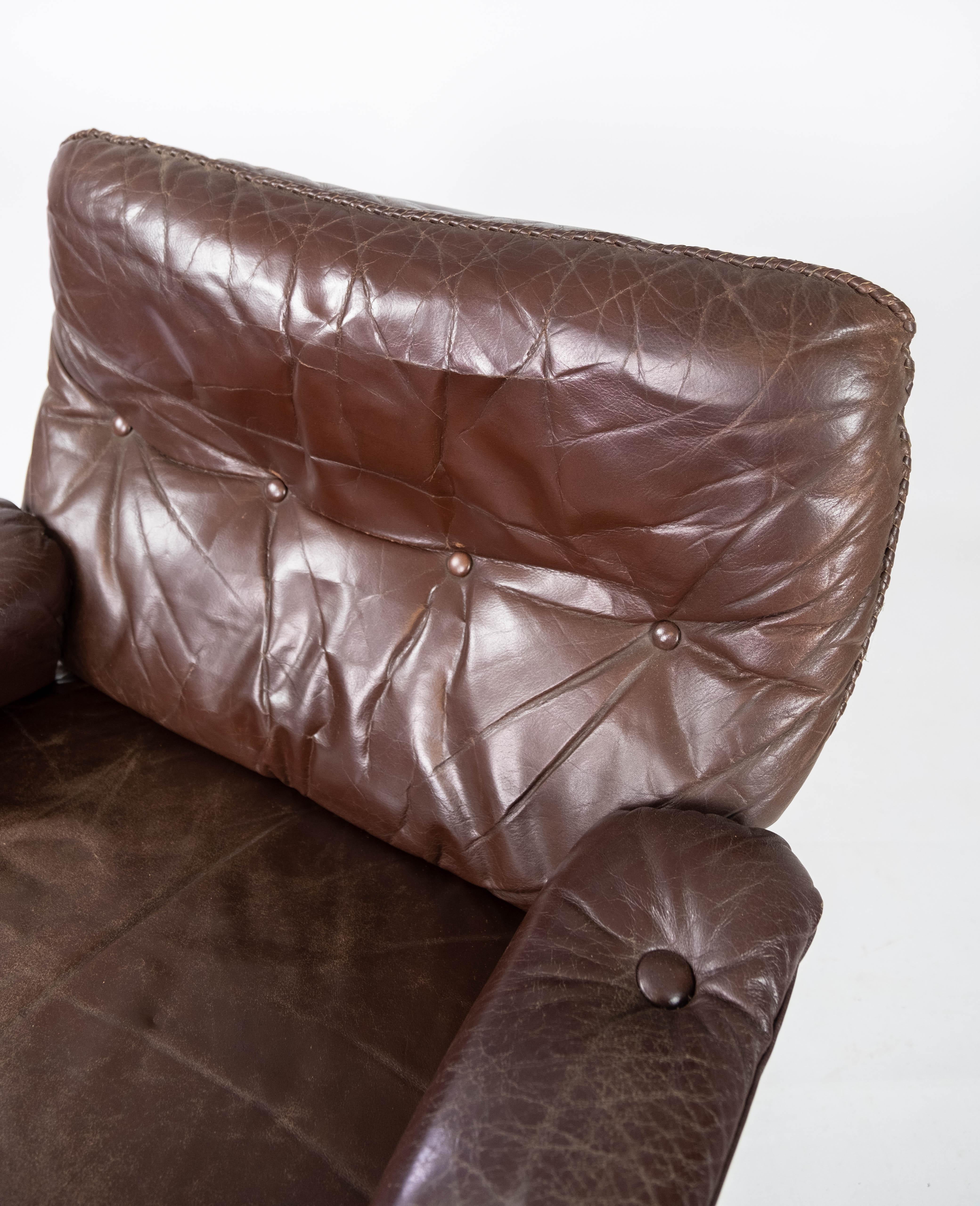 Swedish Easy Chair Made In Patinated Brown Leather By Arne Norell From 1970s For Sale