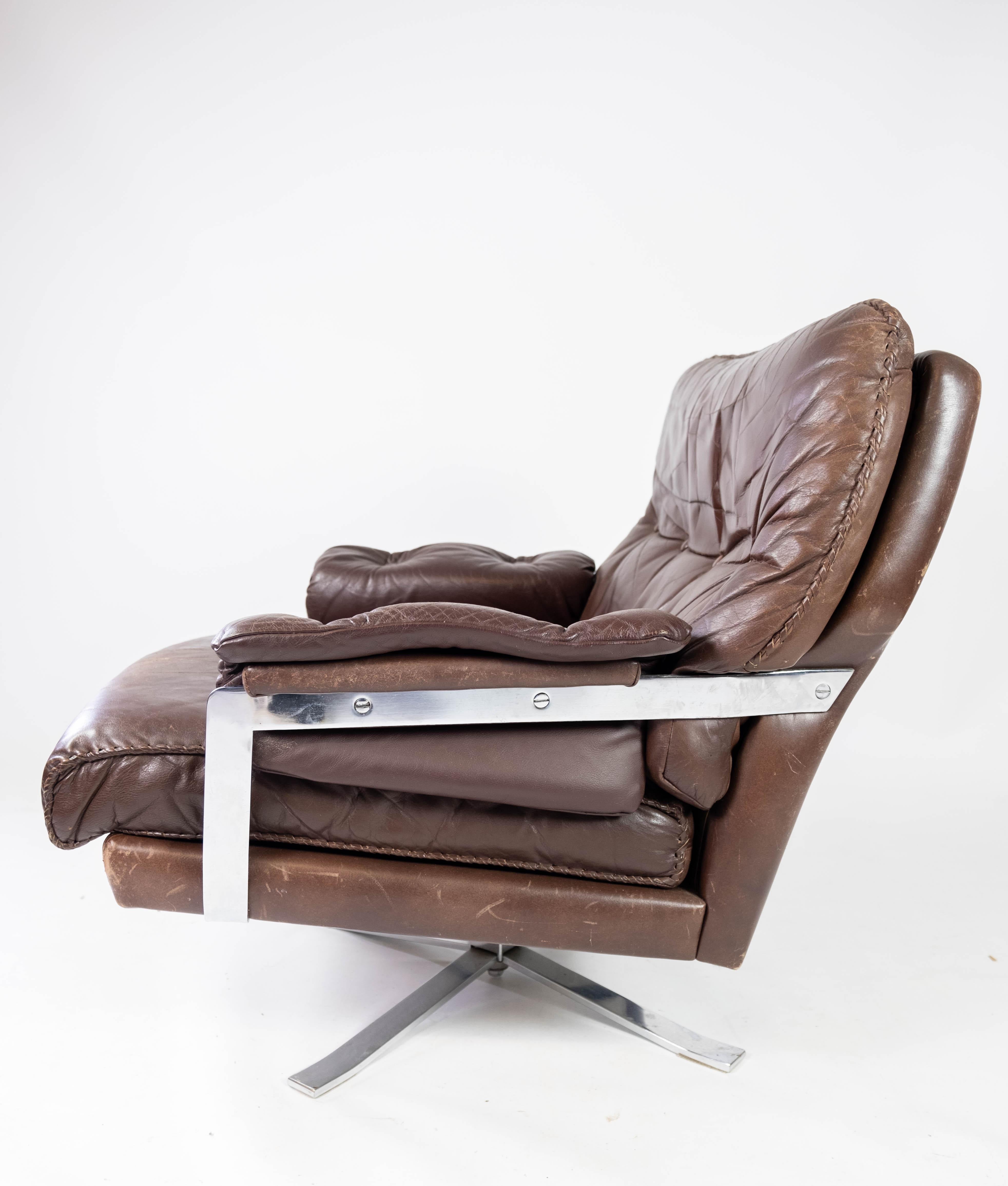 Late 20th Century Easy Chair Made In Patinated Brown Leather By Arne Norell From 1970s For Sale