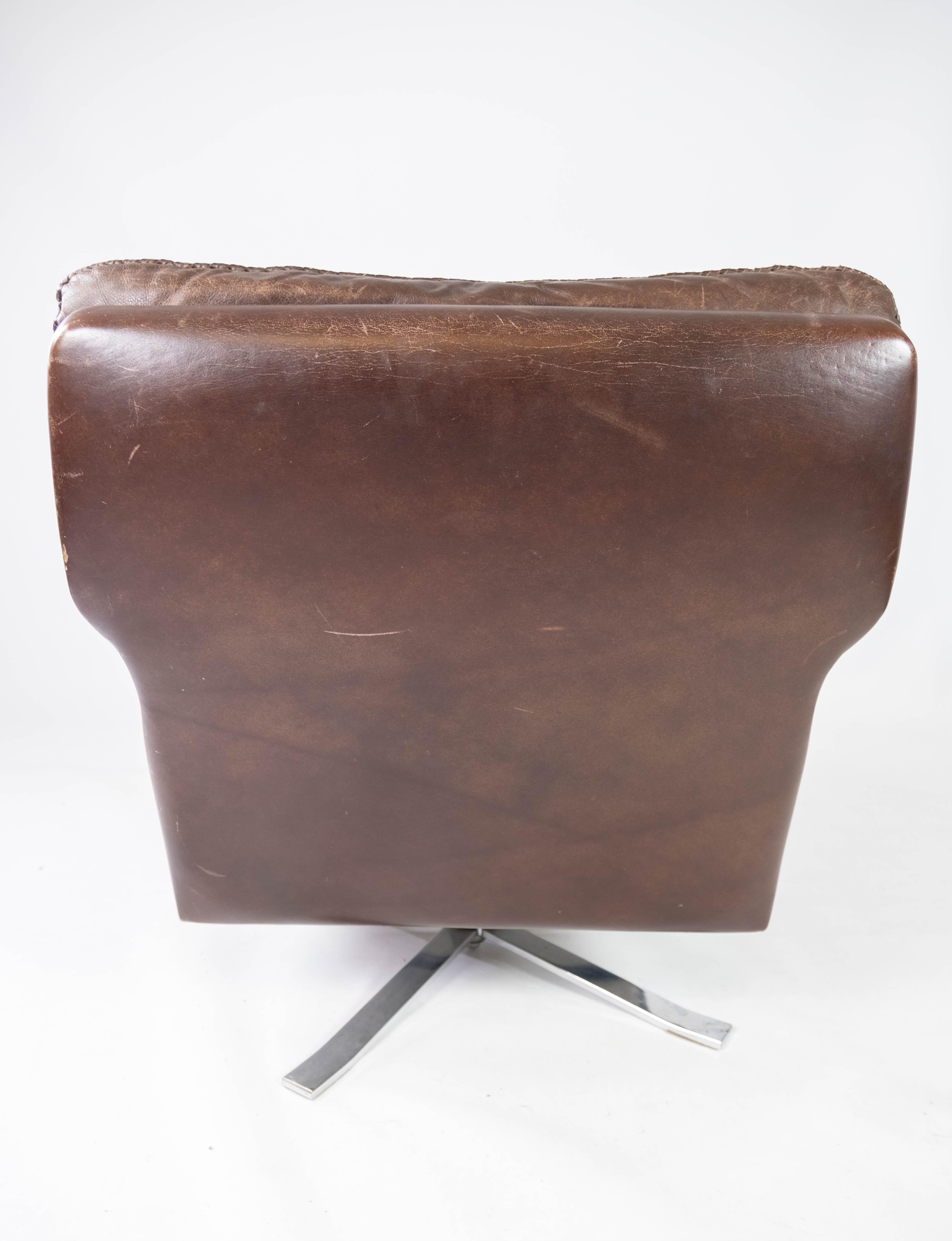 Metal Easy Chair Made In Patinated Brown Leather By Arne Norell From 1970s For Sale