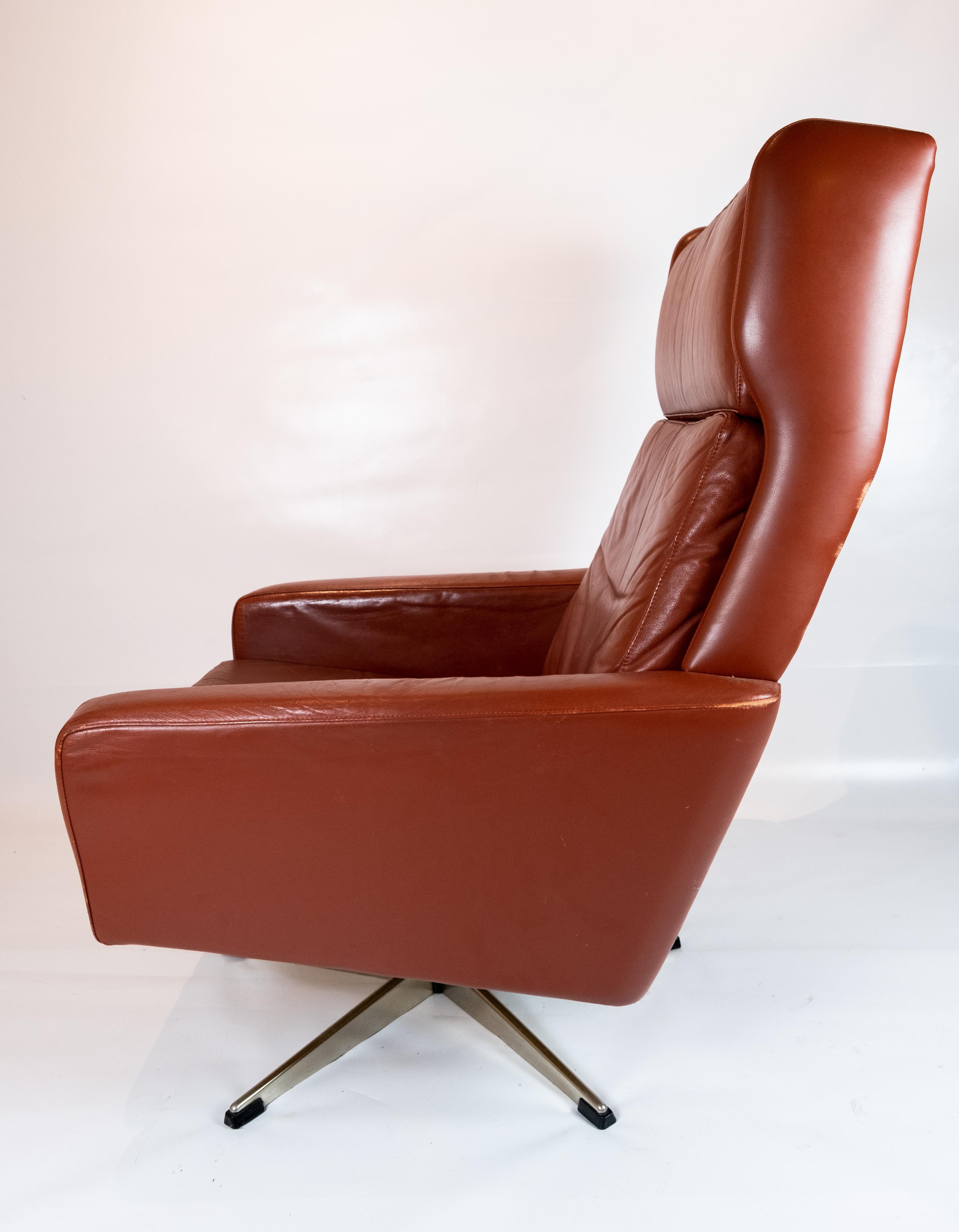 Easy Chair Made In Red Brown Elegance Leather, Danish Design From 1960s For Sale 1