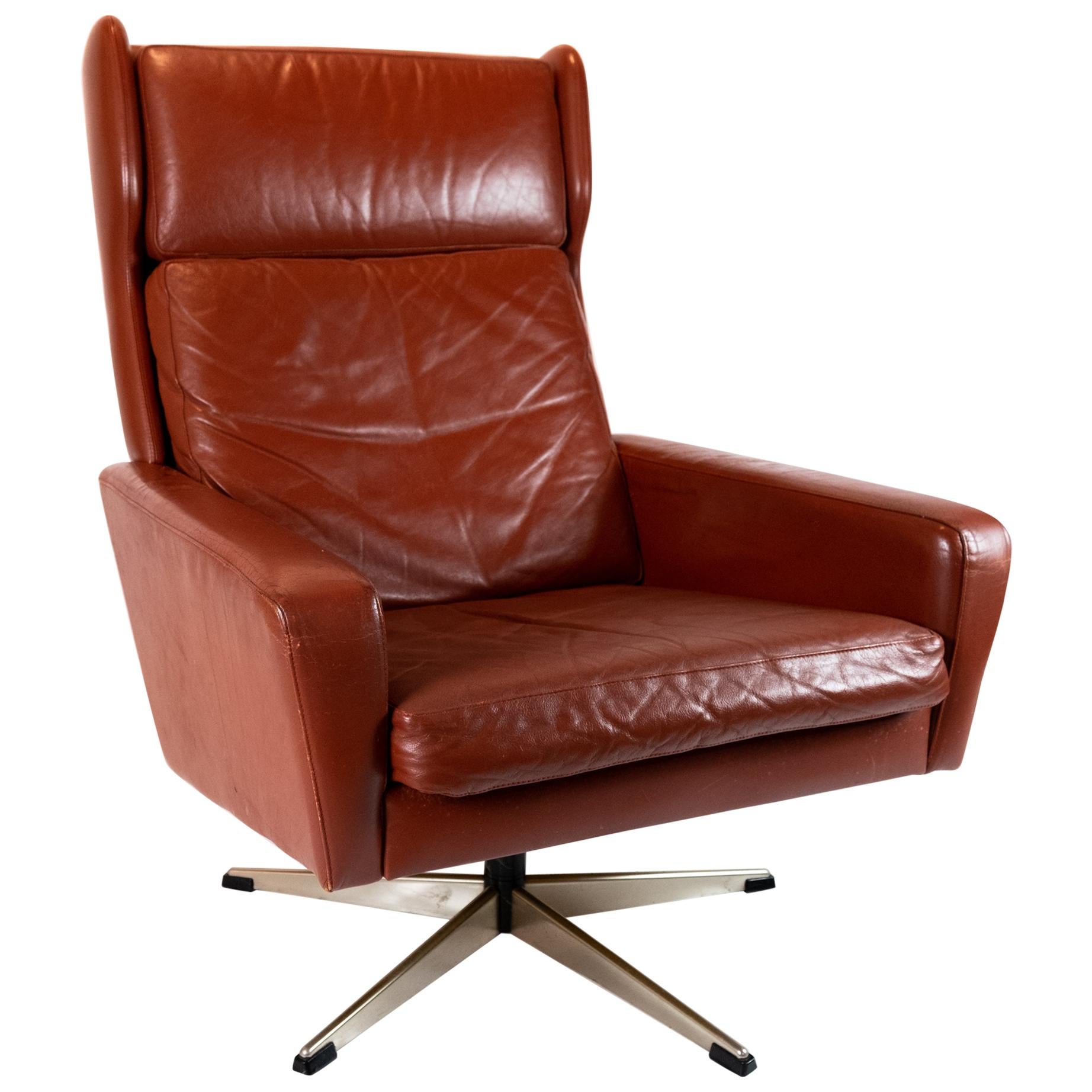 Easy Chair Made In Red Brown Elegance Leather, Danish Design From 1960s