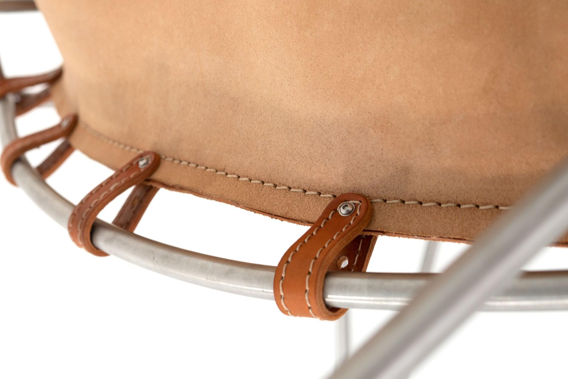 Easy Chair, with Belted Vegetable Tanned Cowhide Sling on Stainless Steel For Sale 2