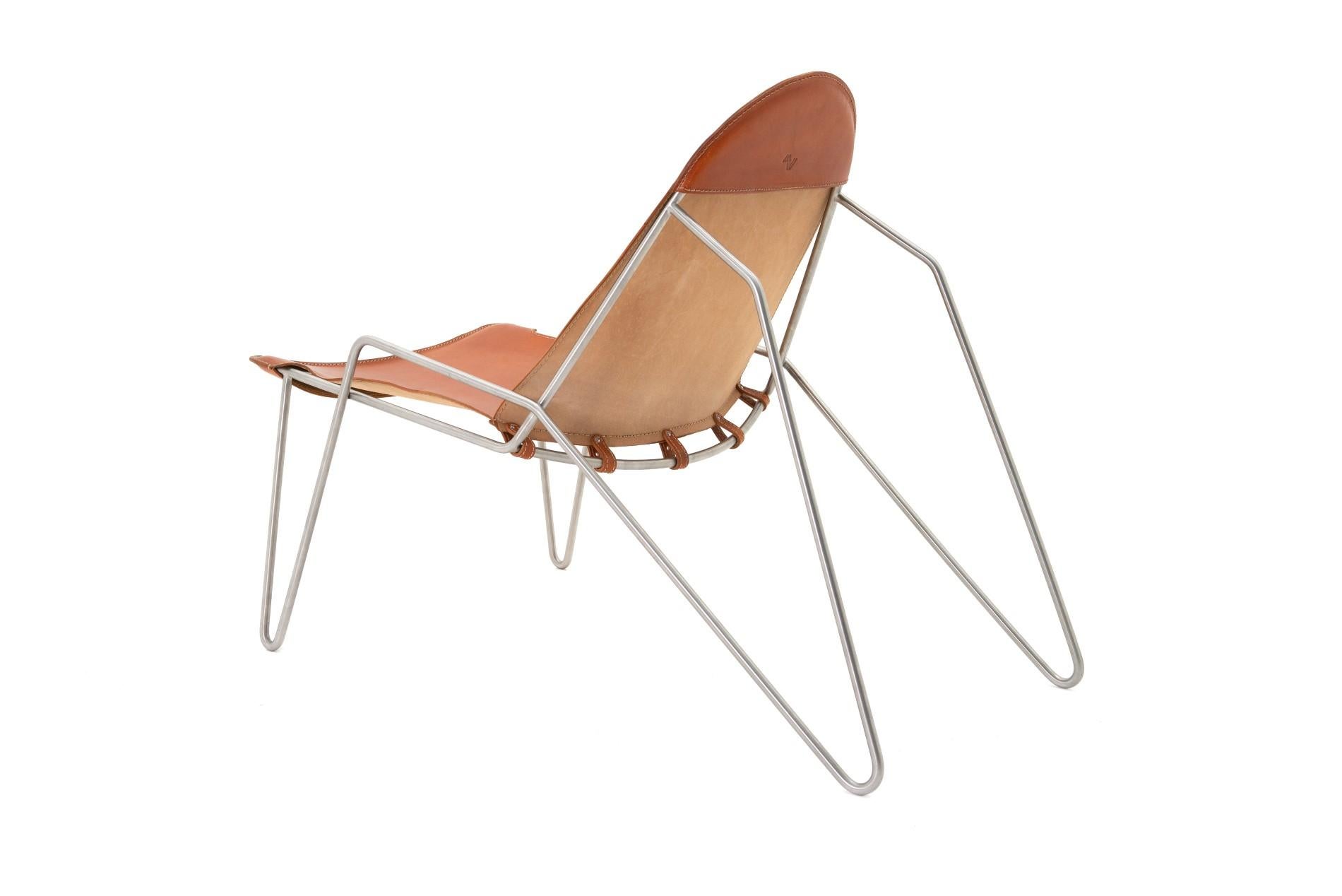 Minimalist Easy Chair, with Belted Vegetable Tanned Cowhide Sling on Stainless Steel For Sale