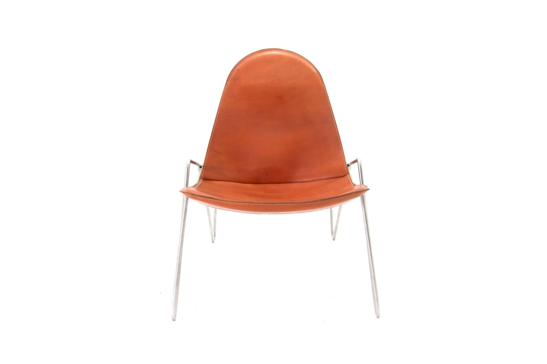 Lebanese Easy Chair, with Belted Vegetable Tanned Cowhide Sling on Stainless Steel For Sale