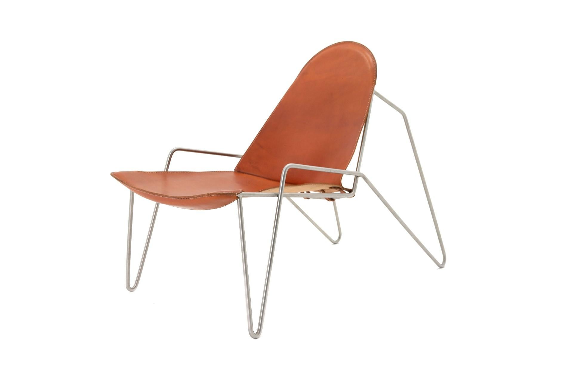 Brushed Easy Chair, with Belted Vegetable Tanned Cowhide Sling on Stainless Steel For Sale