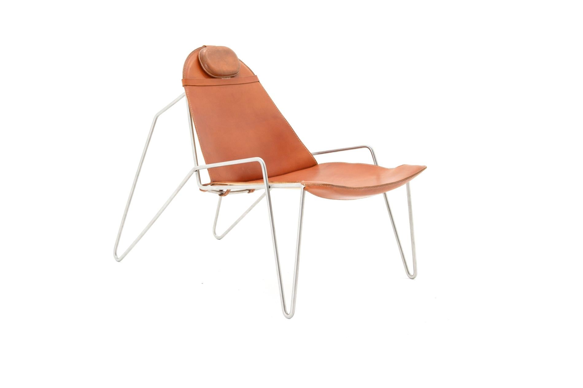 Easy Chair, with Belted Vegetable Tanned Cowhide Sling on Stainless Steel In Excellent Condition For Sale In beirut, LB