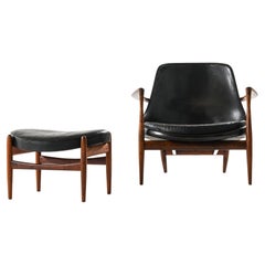 'Easy Chair with Matching Stool in Leather and Rosewood by Ib Kofod-Larsen, 1956