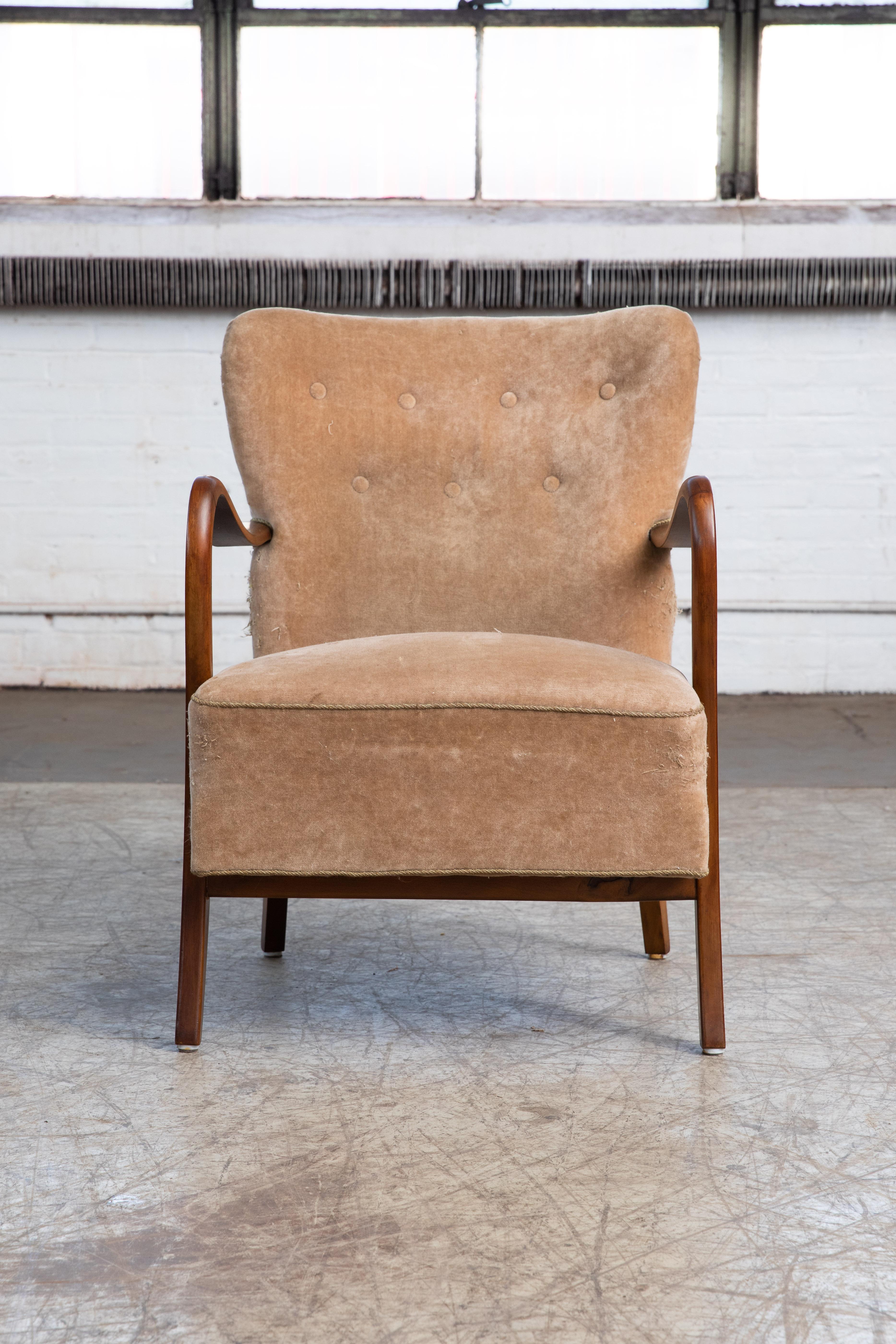 Mid-Century Modern Easy Chair with Open Armrests by Alfred Christensen Denmark 1940's