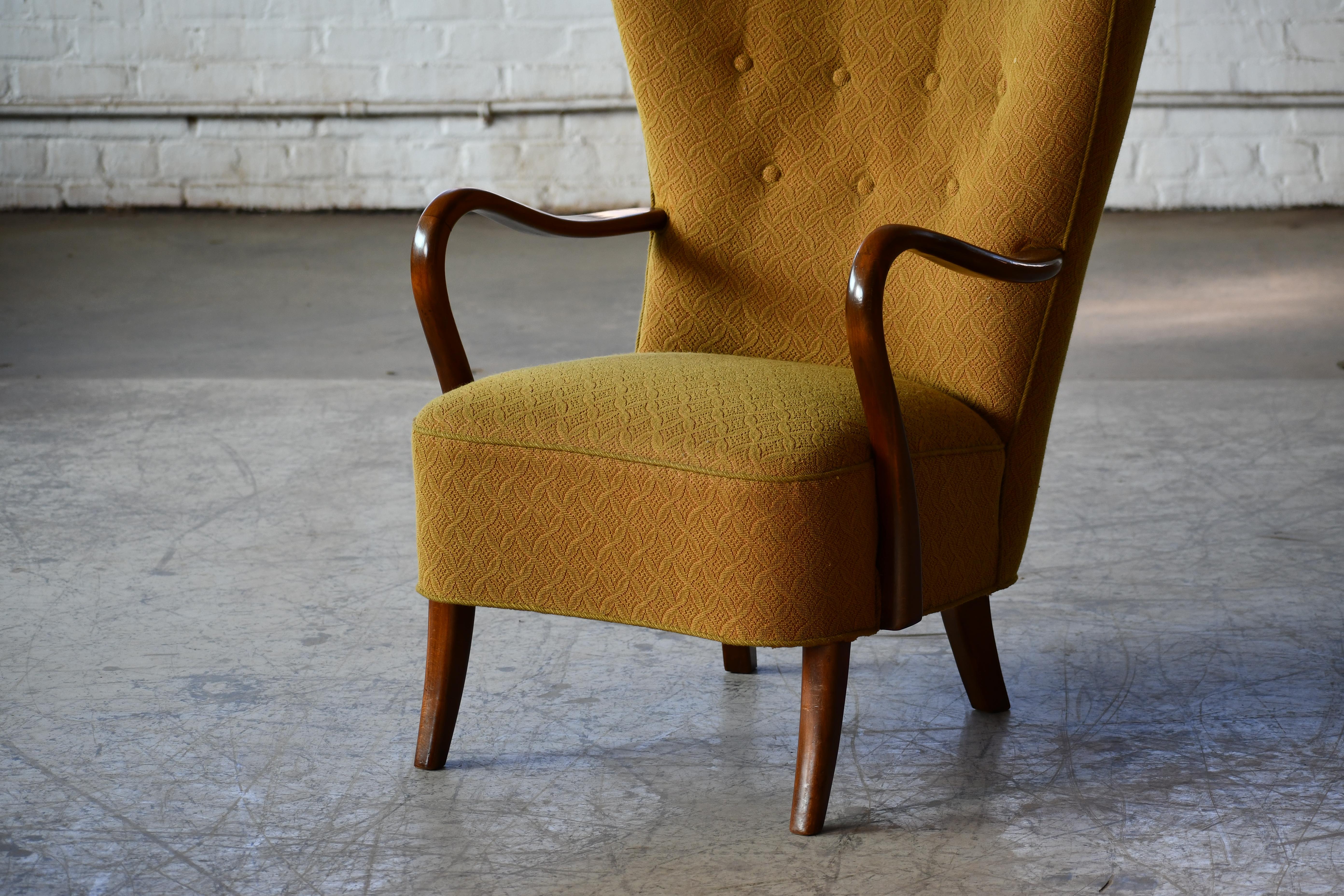Wool Easy Chair with Open Armrests in Mahogany by Alfred Christensen Denmark 1940's  For Sale
