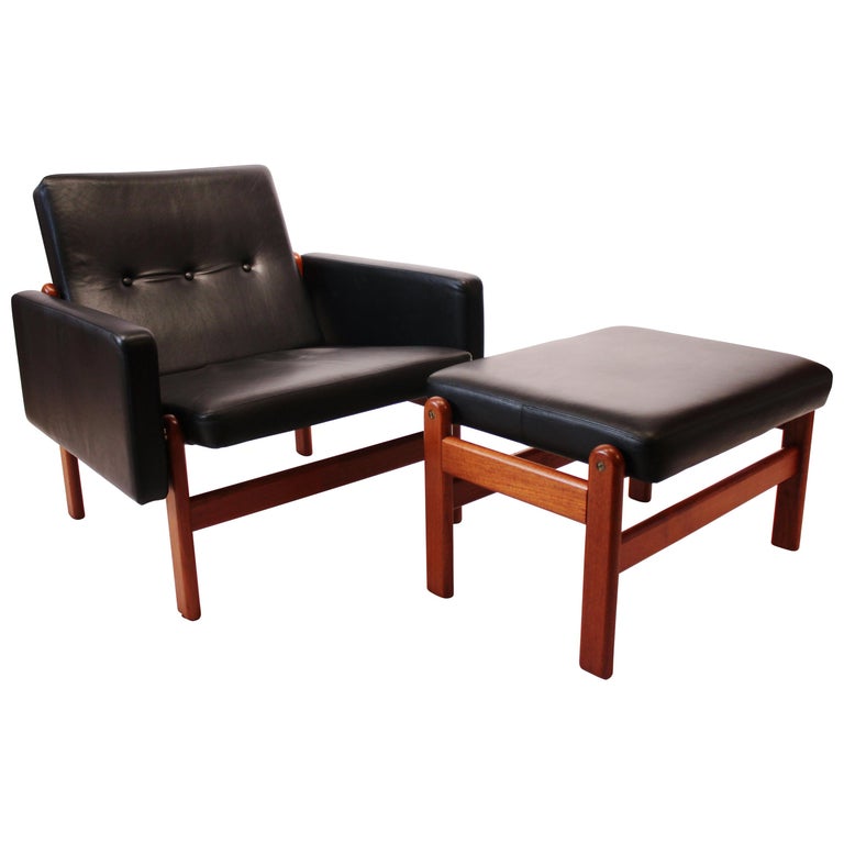 Easy Chair with Stool, Black Leather and Teak, by Jørgen Bækmark and
