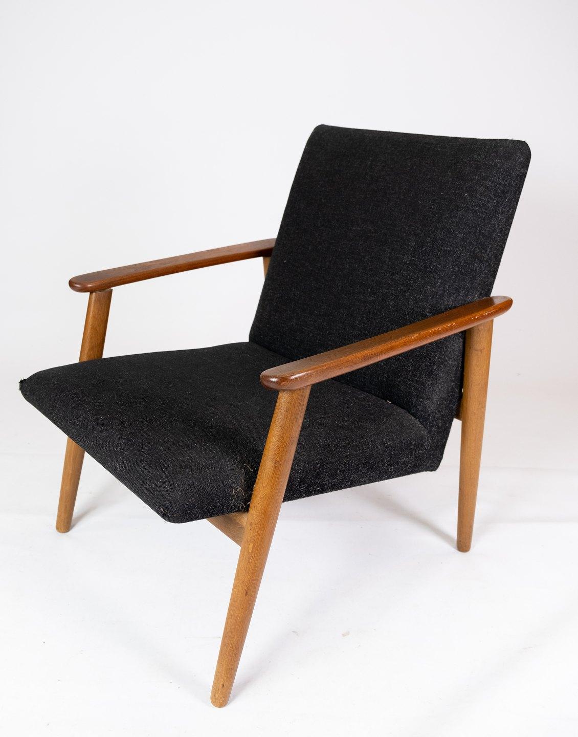 Mid-Century Modern Easy Chair With Stool Made In Teak & Dark Wool Fabric From 1960s For Sale