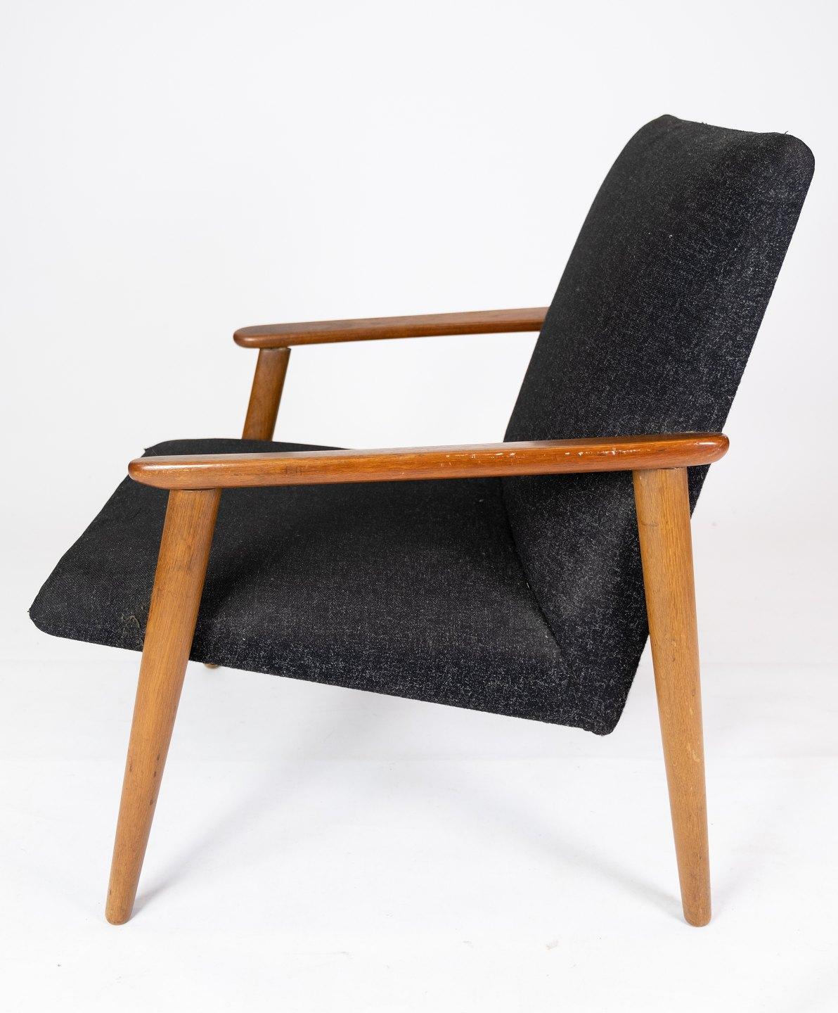 Danish Easy Chair With Stool Made In Teak & Dark Wool Fabric From 1960s For Sale