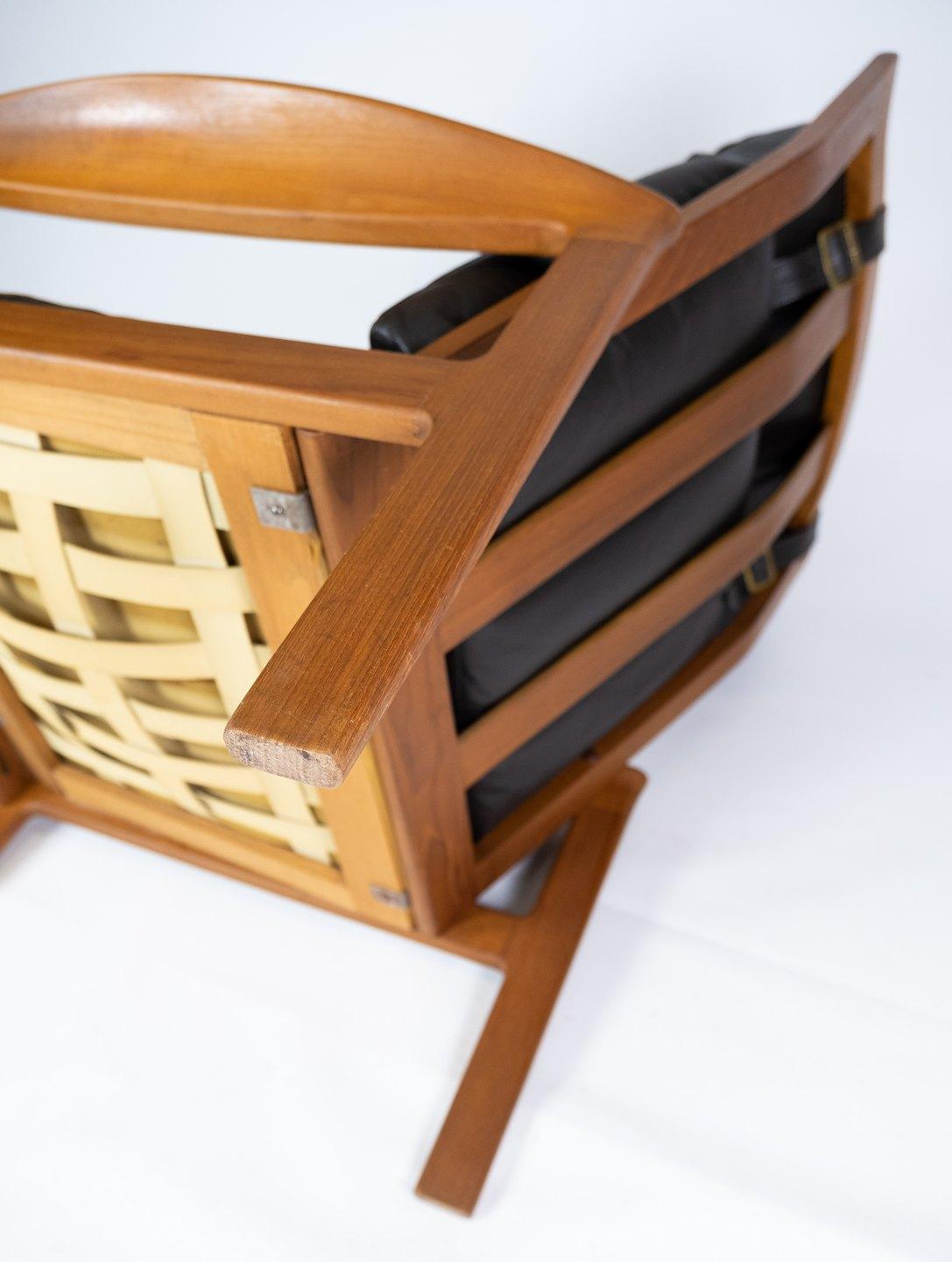 Easy Chair avec tabouret en teck recouvert de cuir noir par Arne Vodder en vente 1