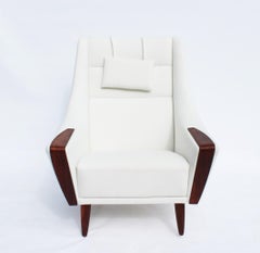 Easy Chair with Tall Back Upholstered in White Fabric, Danish Design, 1960s