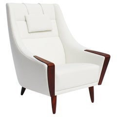 Easy Chair with Tall Back Upholstered in White Fabric, Danish Design, 1960s
