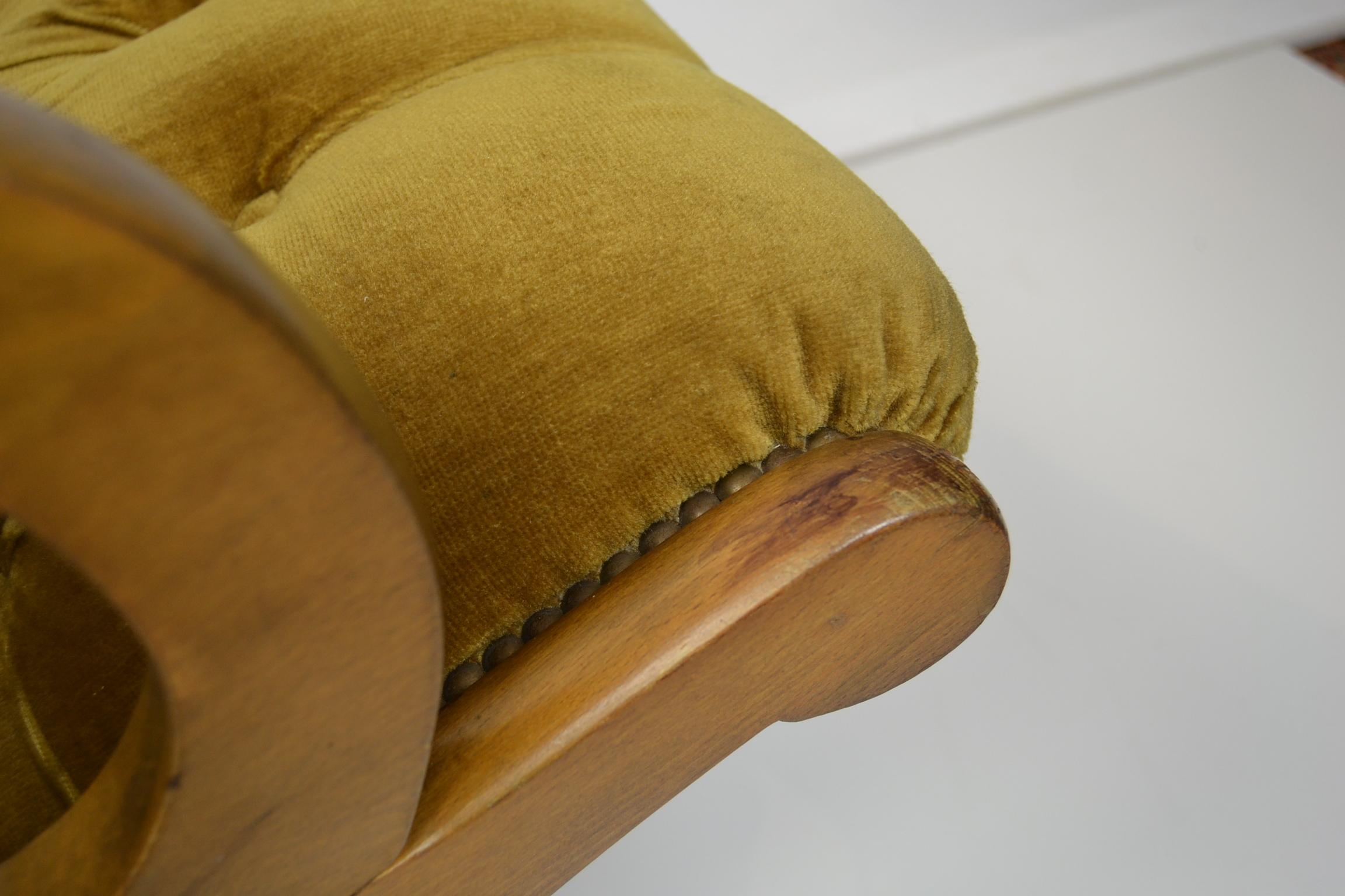 Easy Chair in Wood with Button Velvet, Yellow, Green, Mustard, 1950s 4