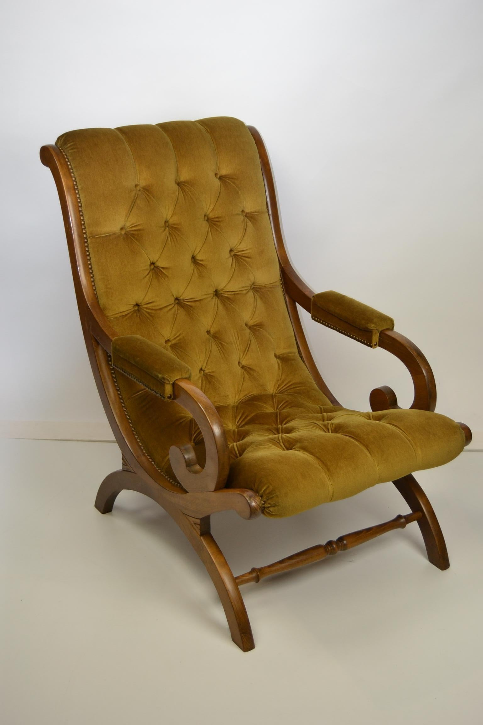 Easy Chair in Wood with Button Velvet, Yellow, Green, Mustard, 1950s 12