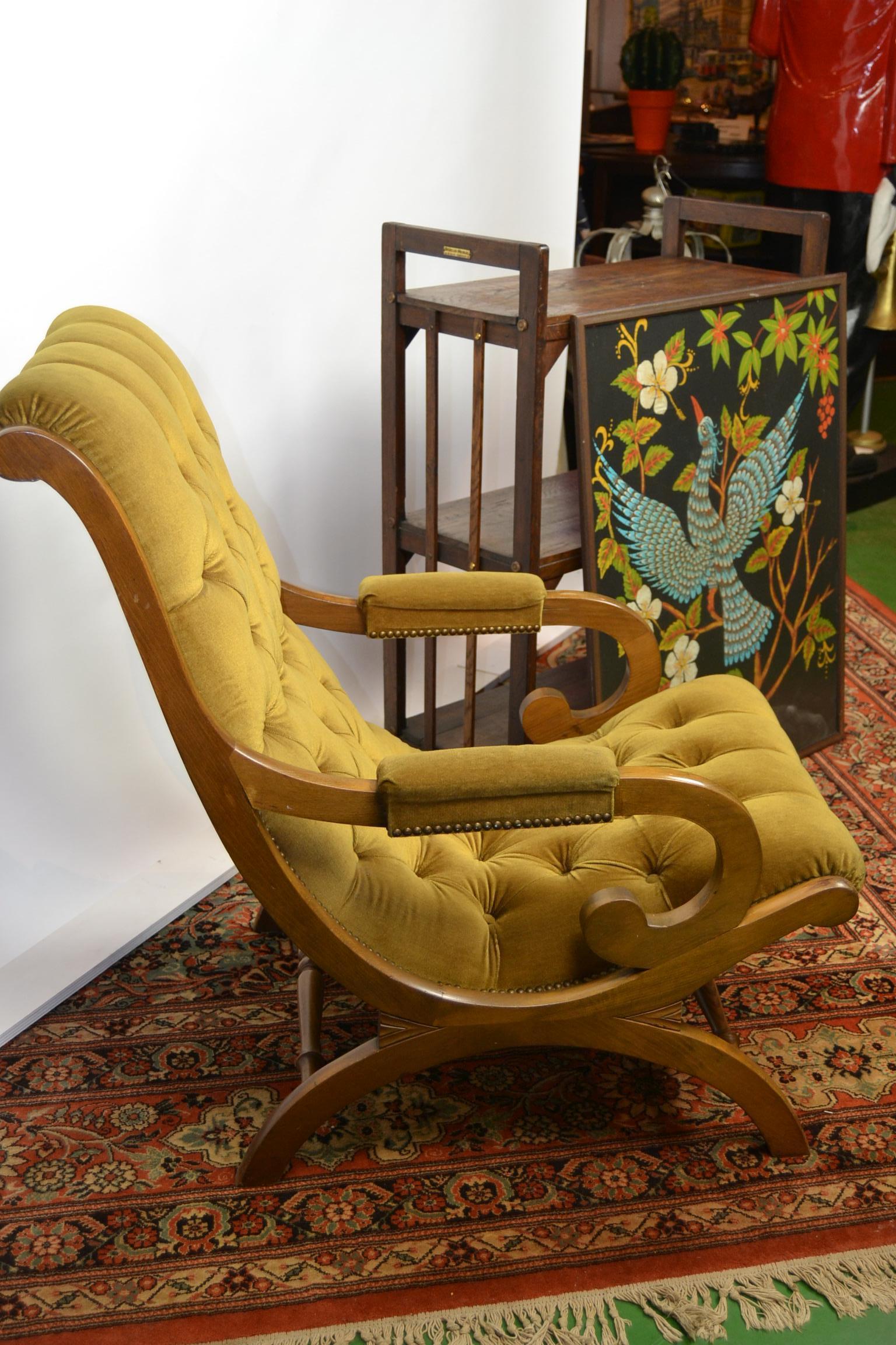 Easy Chair in Wood with Button Velvet, Yellow, Green, Mustard, 1950s 13