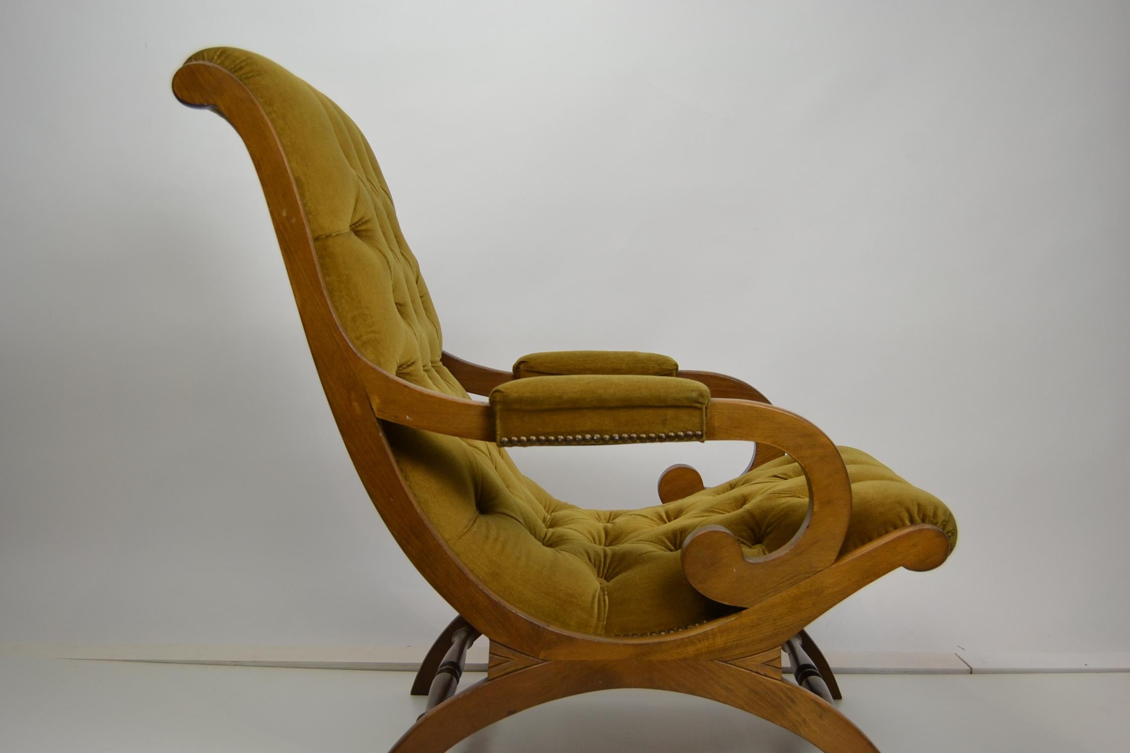 European Easy Chair in Wood with Button Velvet, Yellow, Green, Mustard, 1950s