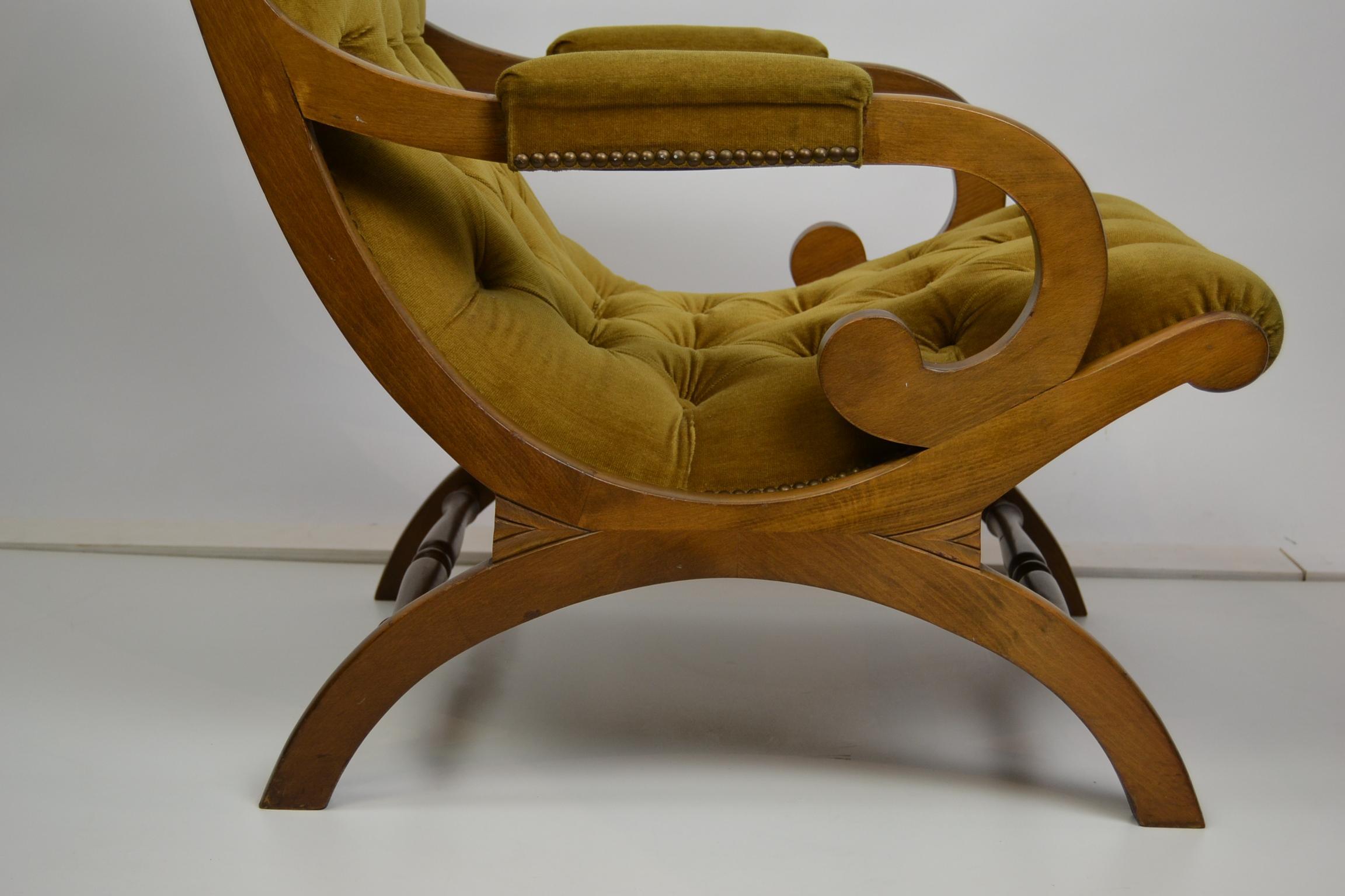 20th Century Easy Chair in Wood with Button Velvet, Yellow, Green, Mustard, 1950s
