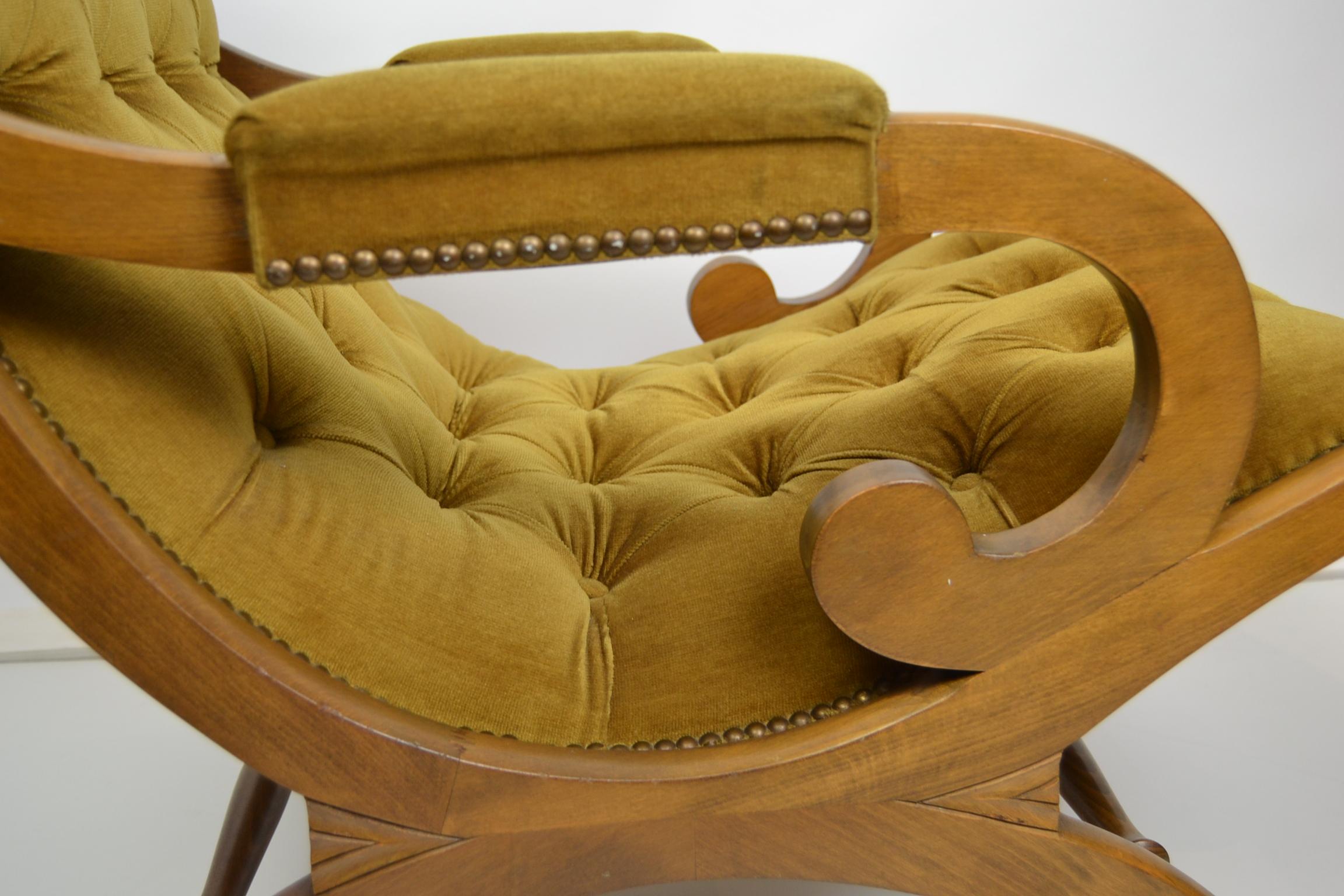 Easy Chair in Wood with Button Velvet, Yellow, Green, Mustard, 1950s 2