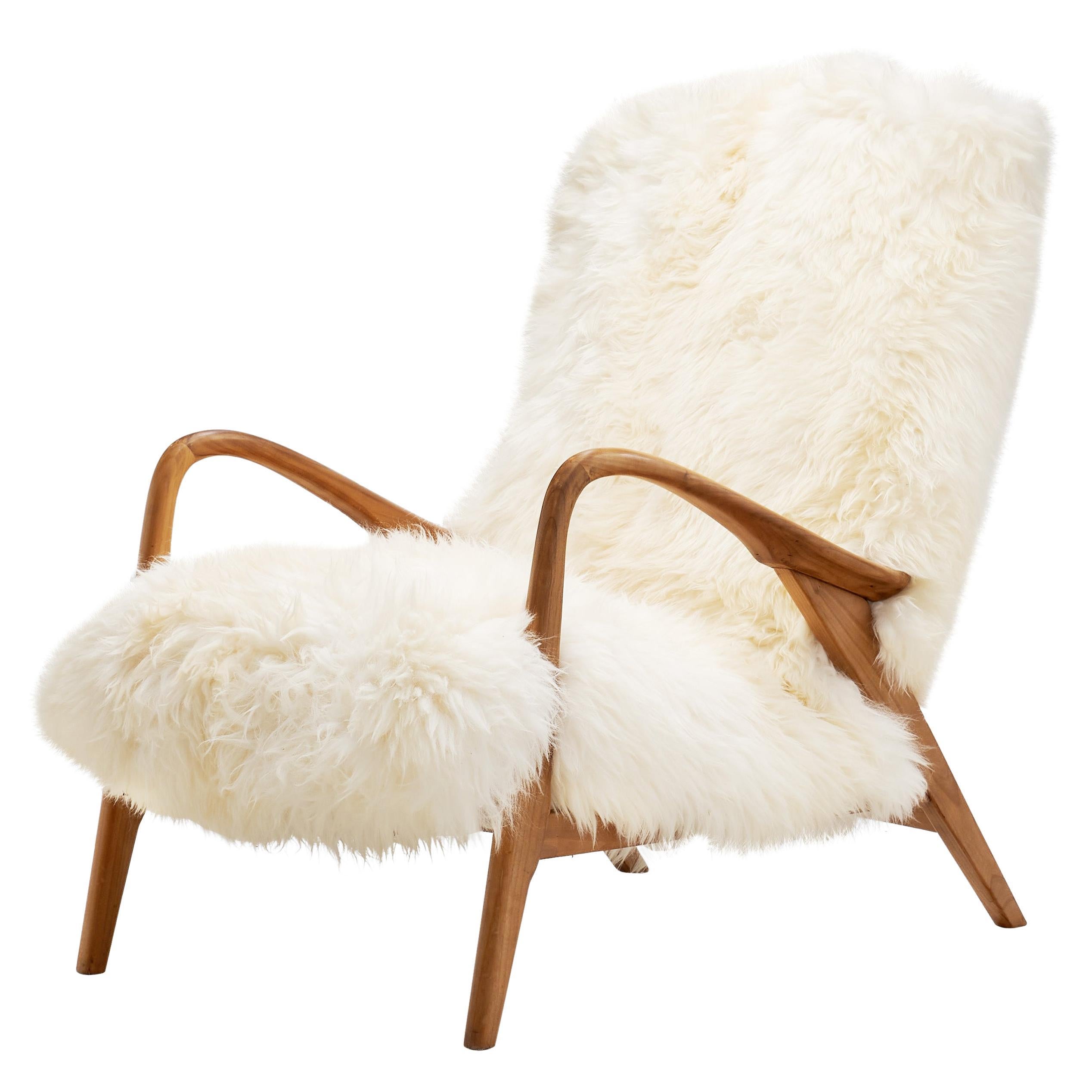 Easy Recliner Chair in Off-White Sheepskin, Denmark 1960s For Sale