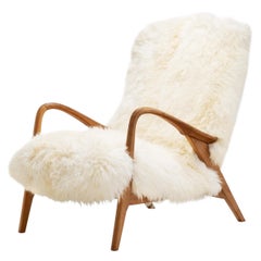 Vintage Easy Recliner Chair in Off-White Sheepskin, Denmark 1960s