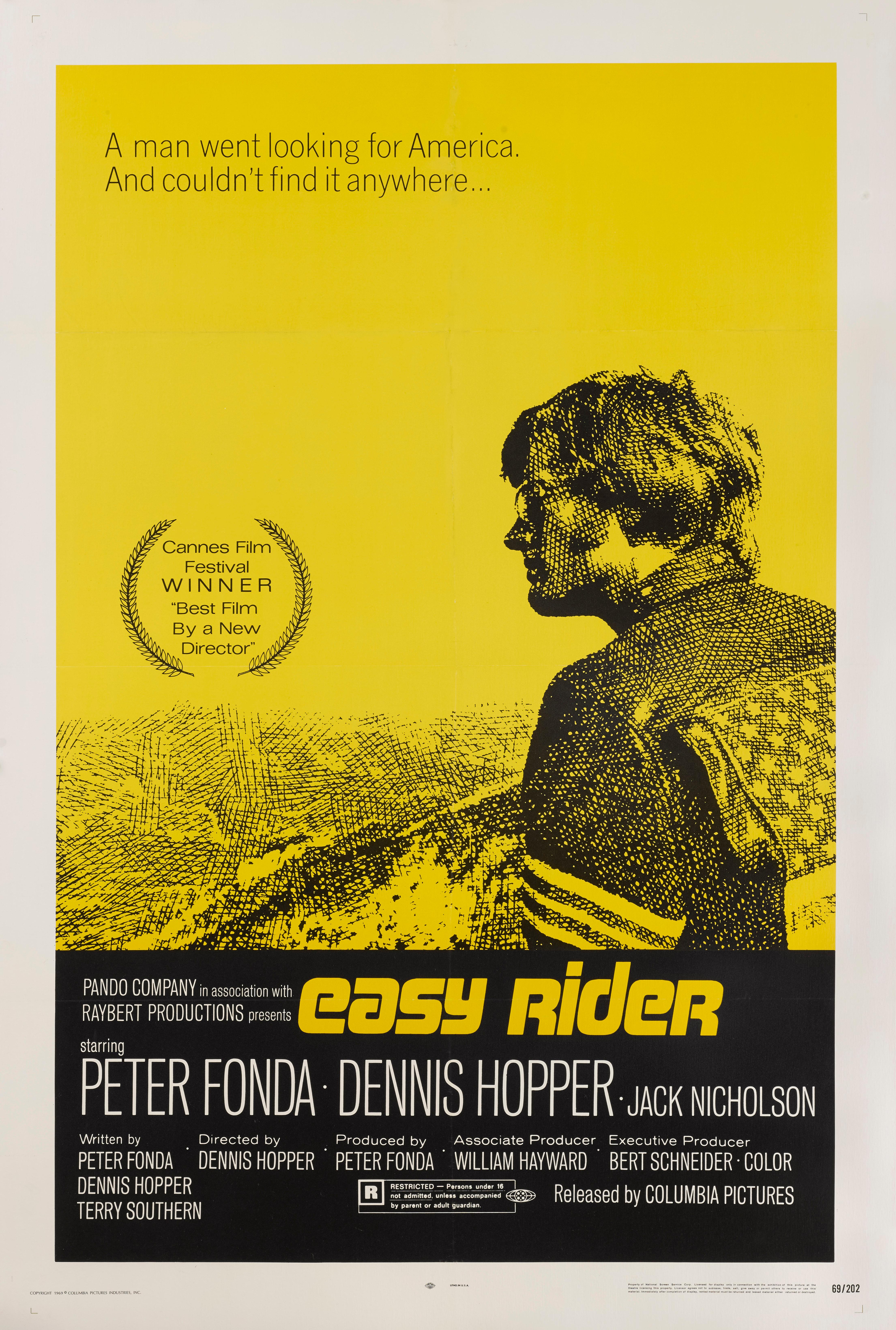 Original US film poster for Easy Rider, 1969.
This American road movie was written by Peter Fonda, Dennis Hopper and Terry Southern. It was produced by Fonda and directed by Hopper. This is a landmark film that captured the national imagination of