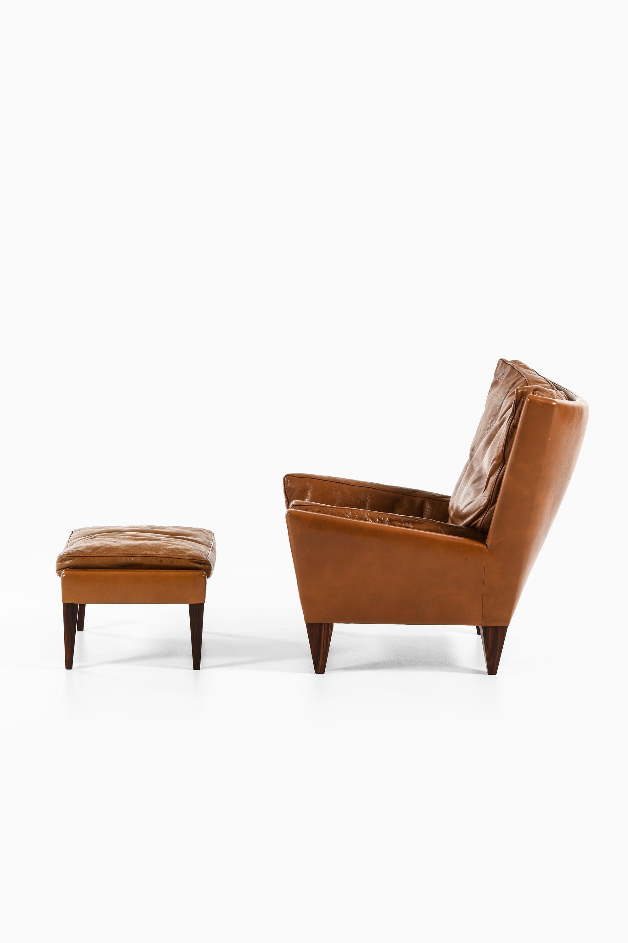 Taburete y silla Easy de palisandro y cuero marrón de Illum Wikkelsø, años 60 Escandinavo moderno en venta