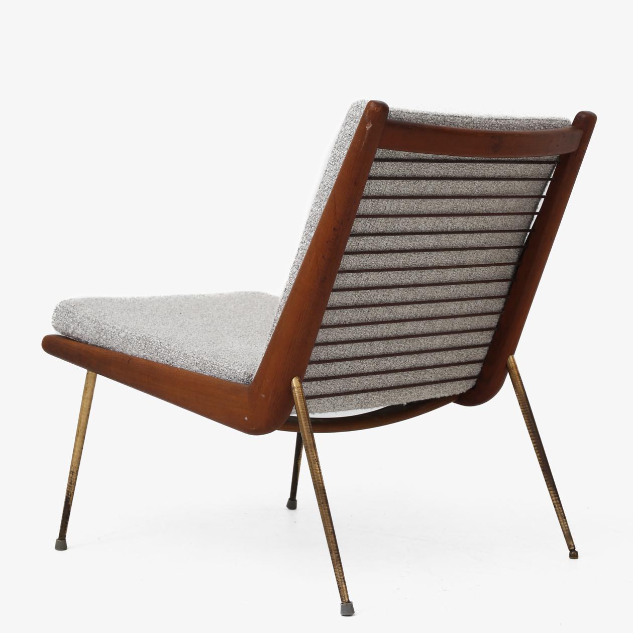 FD 134 - 'Boomerang' armchair in teak, brass legs and newly upholstered cushions in Malou Raphia. Peter Hvidt & Orla M. Nielsen / France & Daverkosen.