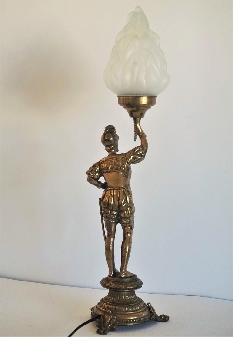 Early 20th Century Bronze Knight Sculpture Candelabra, Electrified Table Lamp For Sale 3