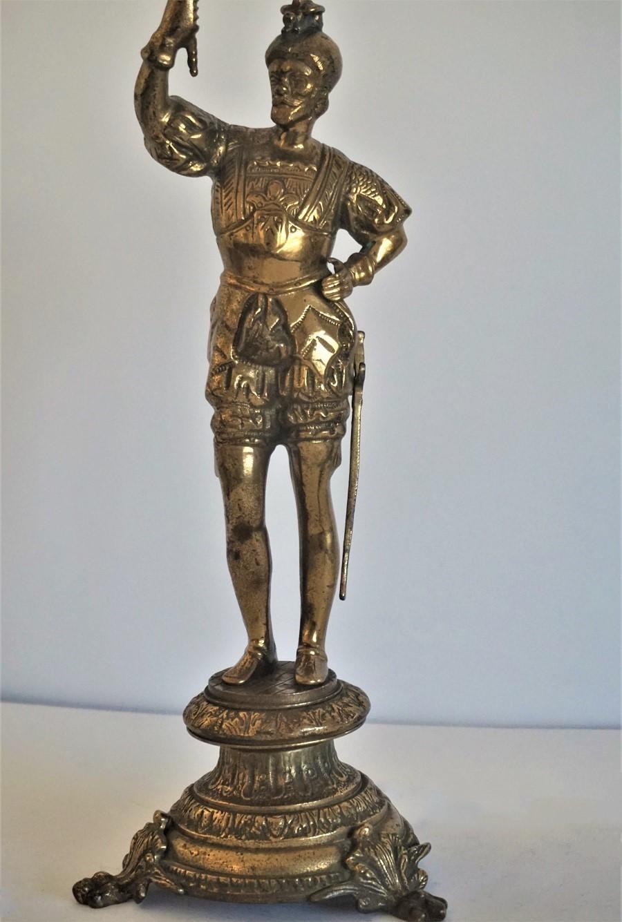 Baroque Early 20th Century Bronze Knight Sculpture Candelabra, Electrified Table Lamp For Sale