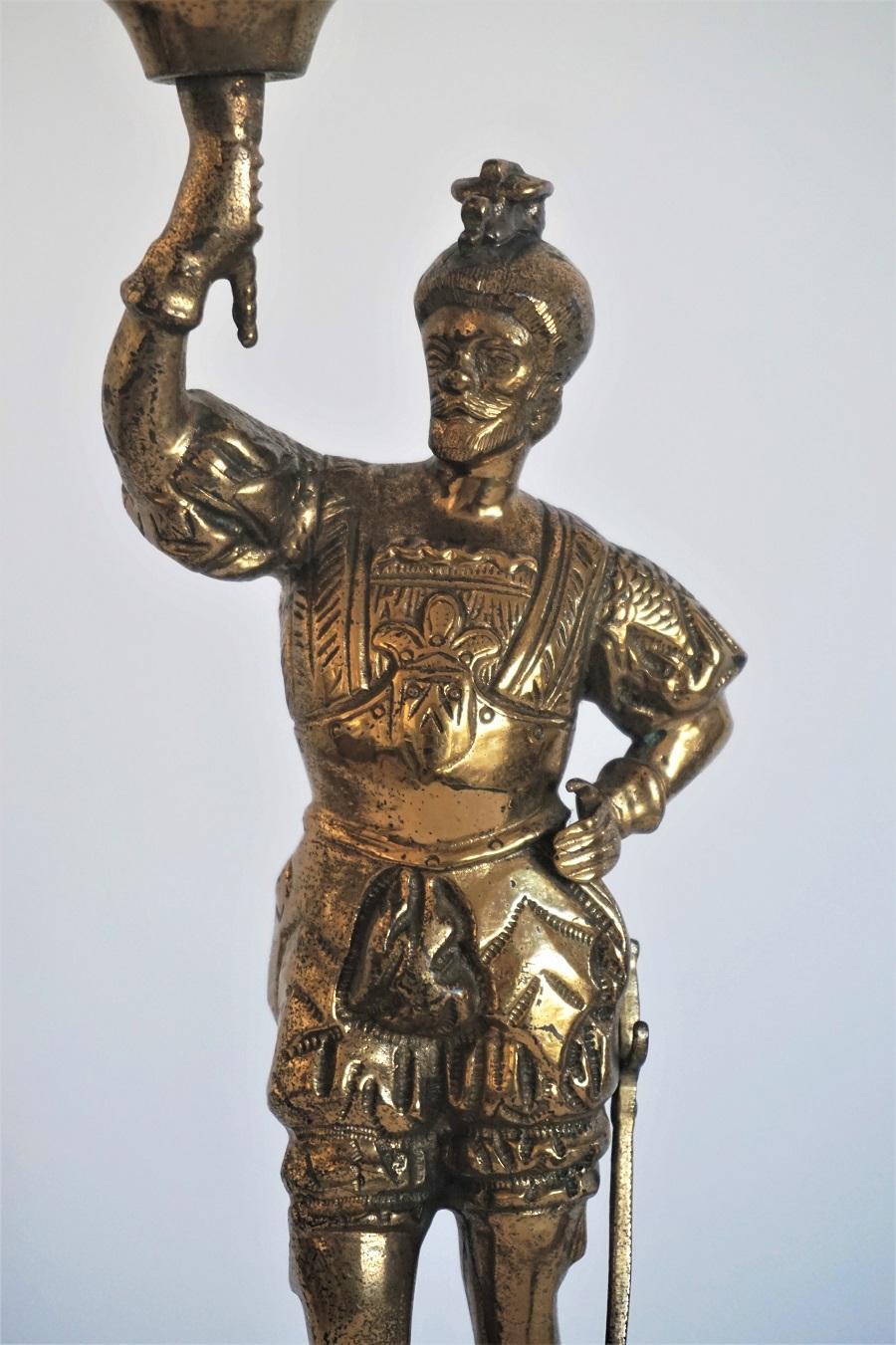 Portuguese Early 20th Century Bronze Knight Sculpture Candelabra, Electrified Table Lamp For Sale