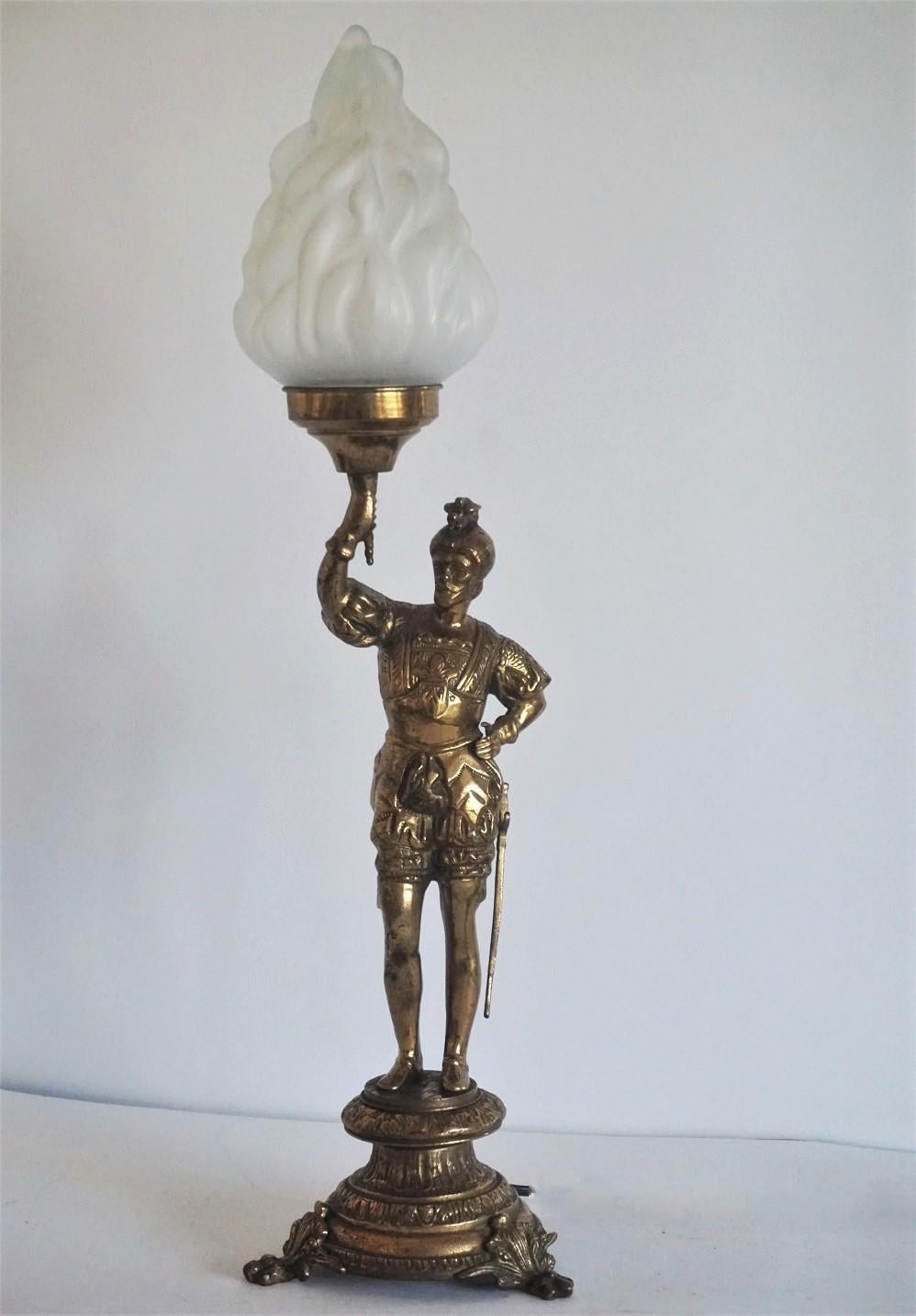 Brass Early 20th Century Bronze Knight Sculpture Candelabra, Electrified Table Lamp For Sale