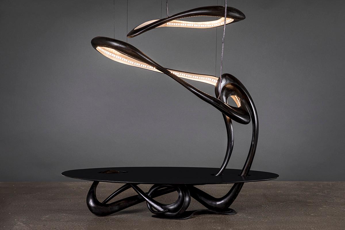 Eaux Profondes sculptural table by Gildas Berthelot
Exclusivity of Galerie Philia
Title: Eaux Profondes
Limited Edition of 3
Material: Maple wood
Dimensions: W 150 x D 400 x H 400 cm.


Gildas Berthelot has forged for more than 30 years a