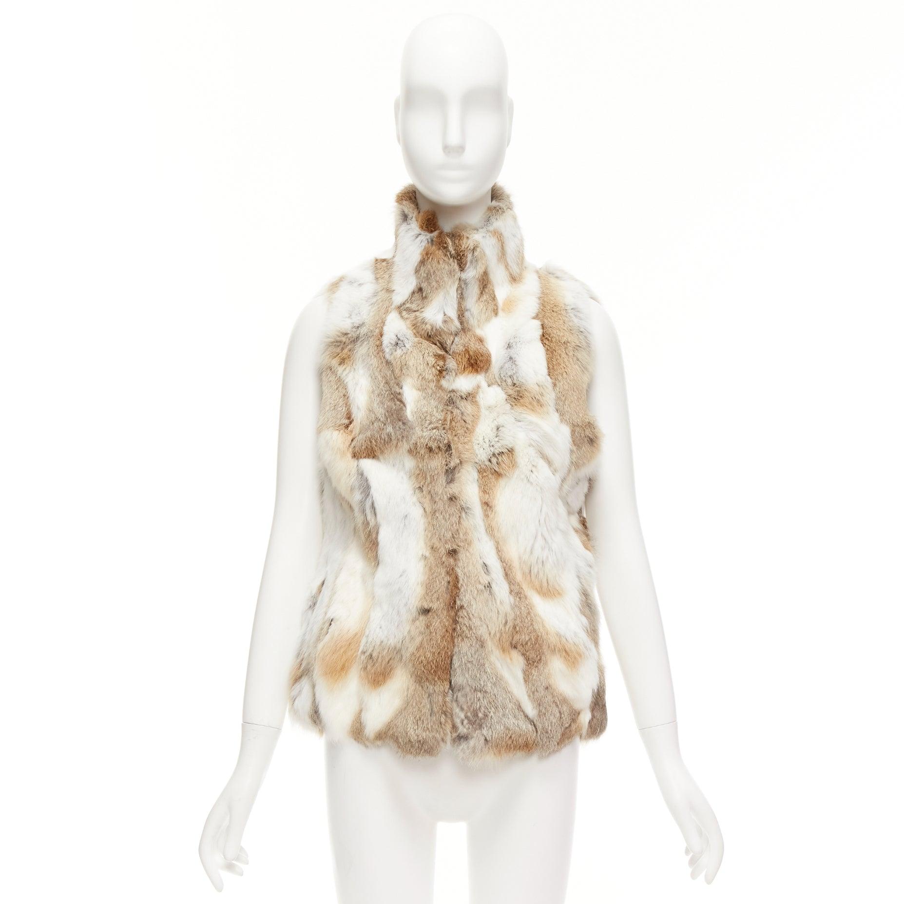 EAVES brown white rabbit fur patchwork hi neck sleeveless vest jacket S For Sale 5