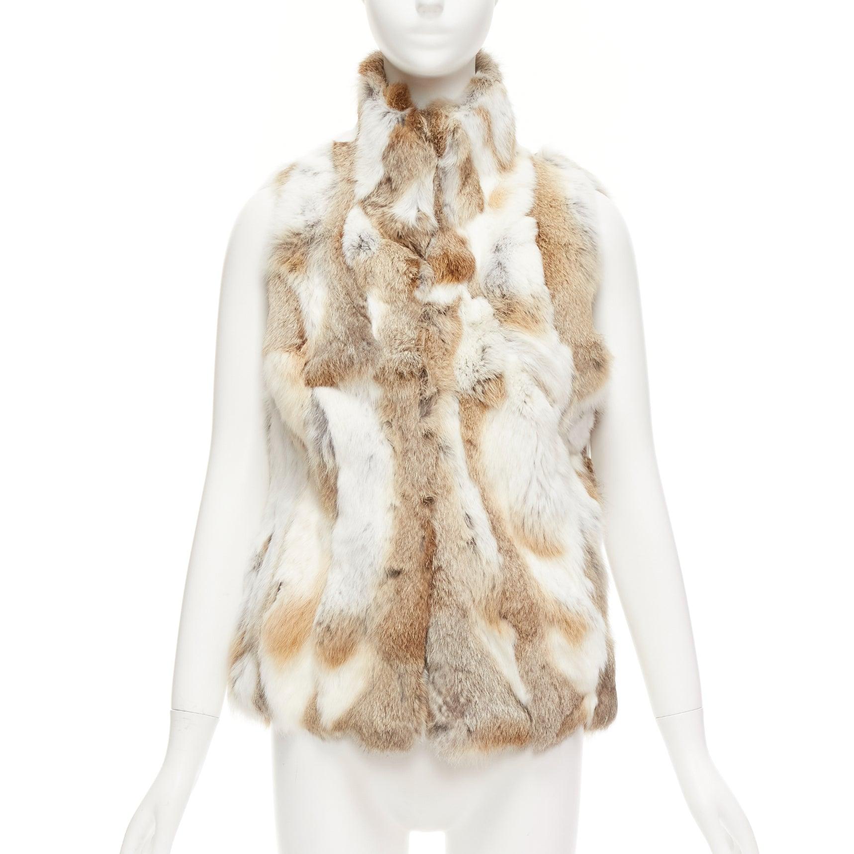 Beige EAVES brown white rabbit fur patchwork hi neck sleeveless vest jacket S For Sale
