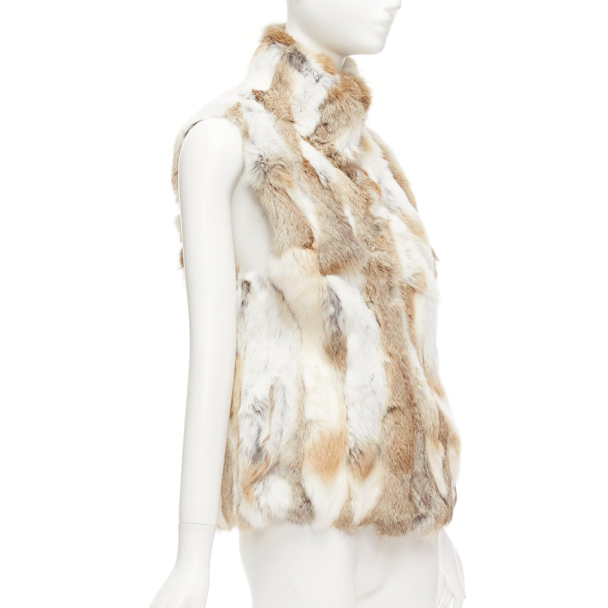 EAVES brown white rabbit fur patchwork hi neck sleeveless vest jacket S In Good Condition For Sale In Hong Kong, NT