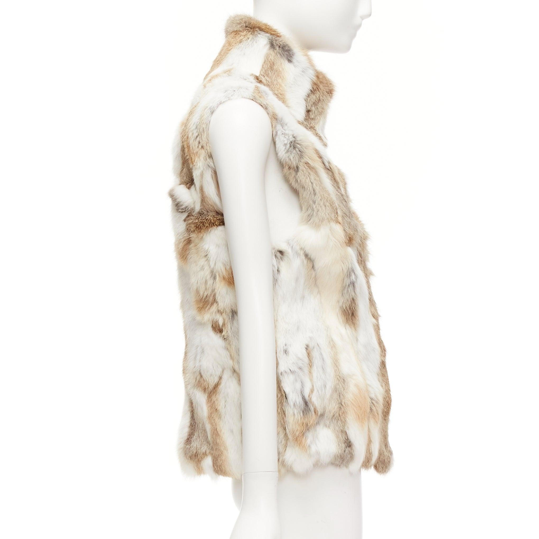 Women's EAVES brown white rabbit fur patchwork hi neck sleeveless vest jacket S For Sale